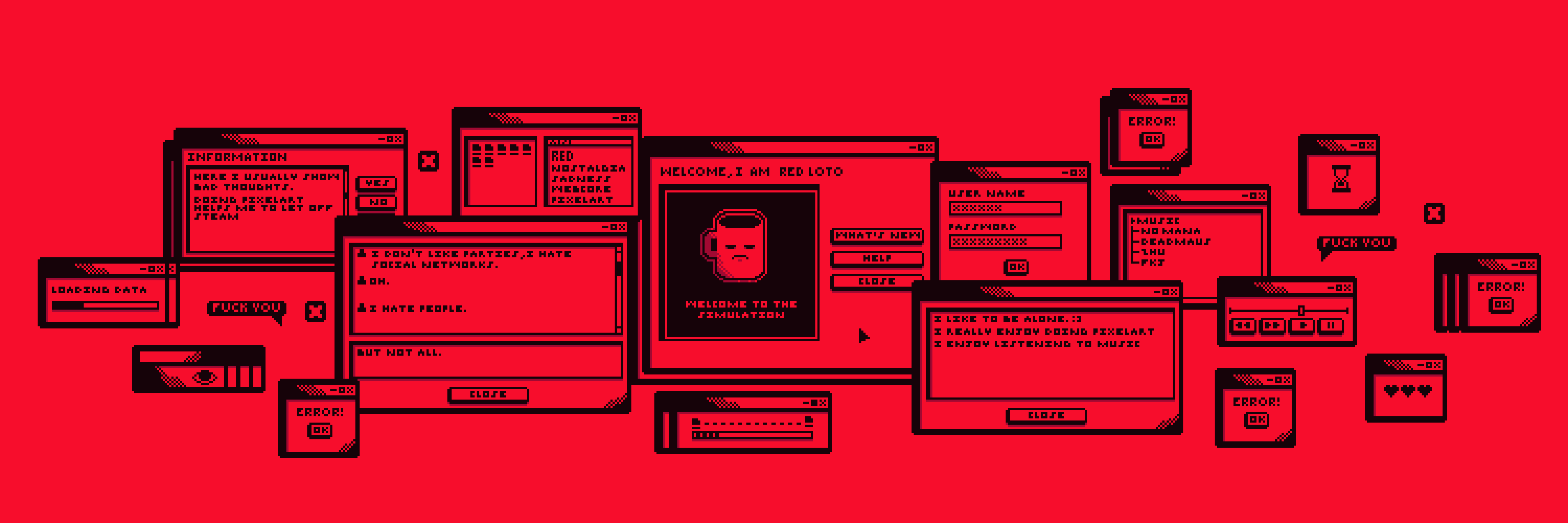 Hello everyone, I'm a pixelart artist, usually i only use this red color palette but i try to simulate an aesthetic similar to Windows and old internet, i guess it's a kind