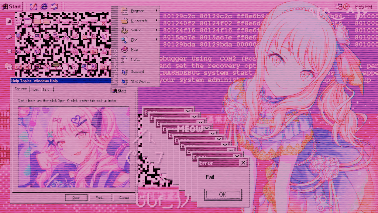 A screenshot of a Windows 95 desktop with a pink tint and a pink-haired anime girl on the right. - Webcore, computercore