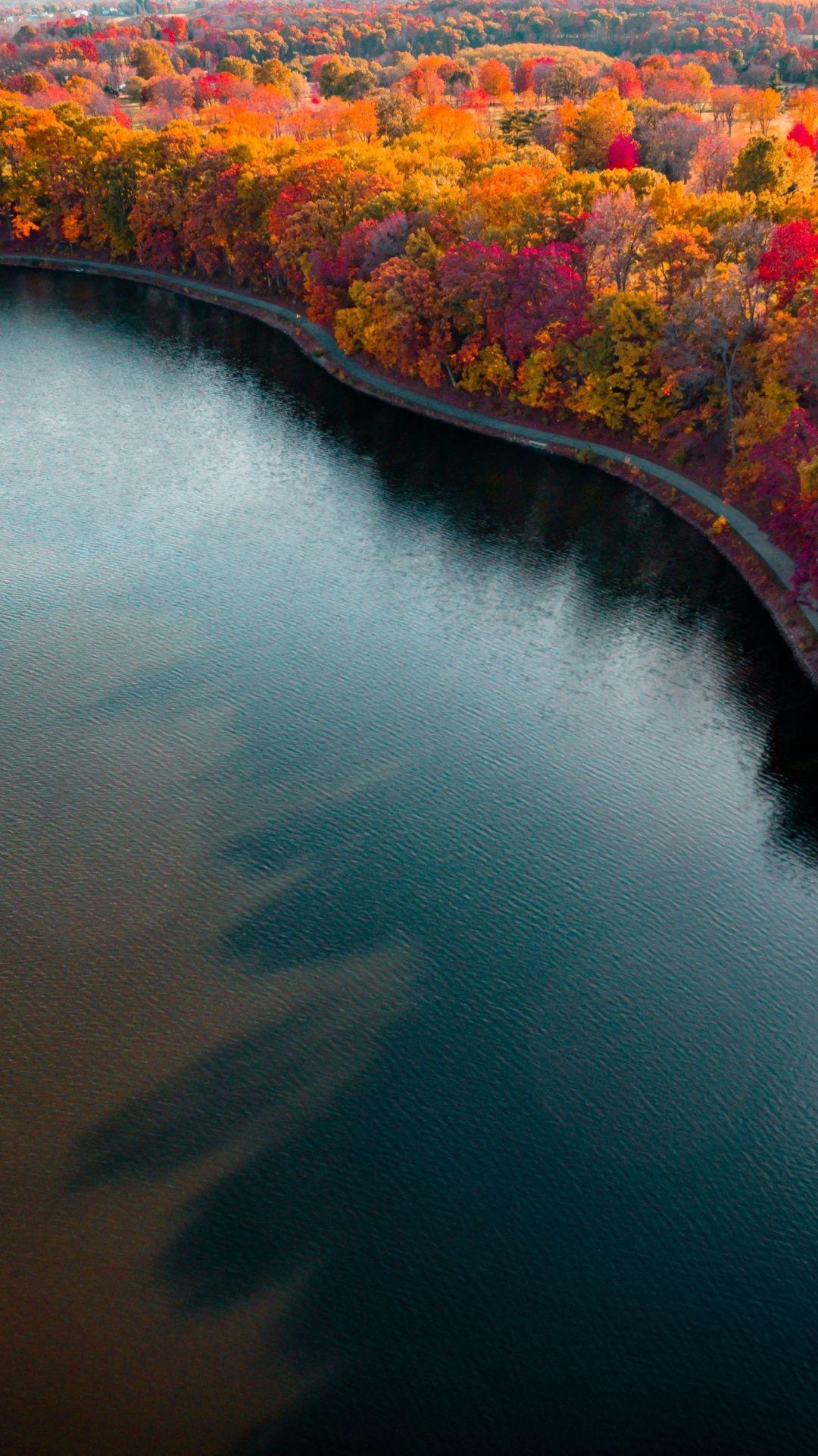 IPhone wallpaper of a river surrounded by trees with fall foliage - Lake