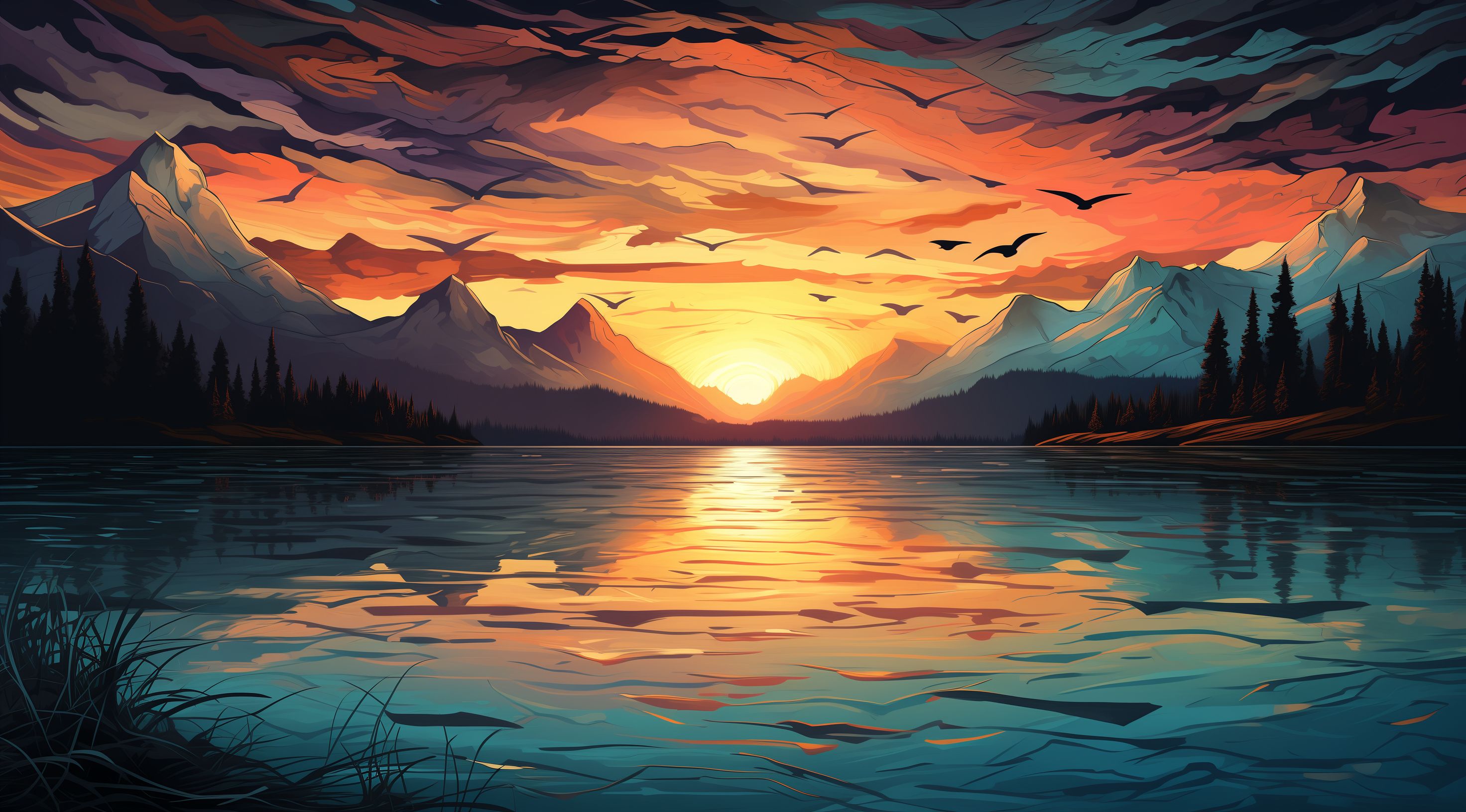 A digital painting of a sunset over a lake with mountains in the background - Lake