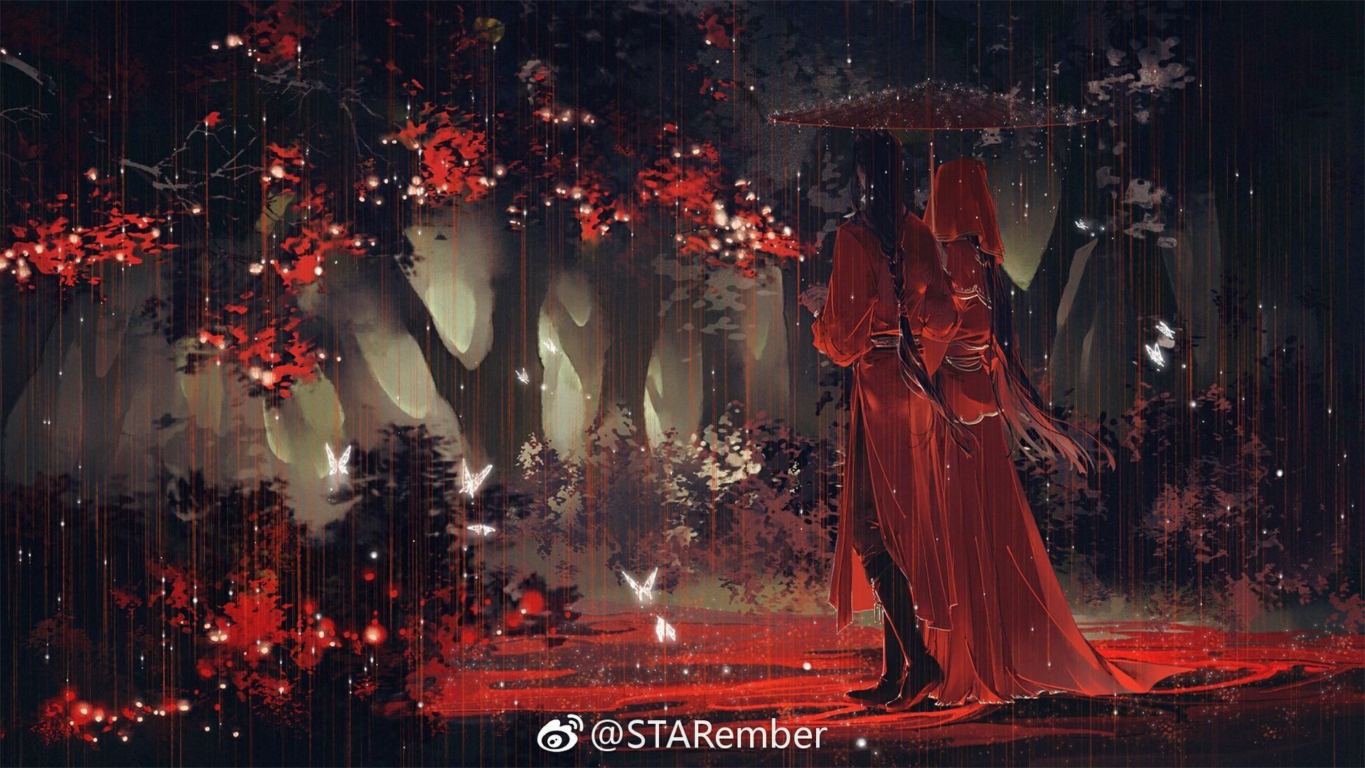 Two figures in red cloaks stand under a red umbrella in a forest. - Crimson