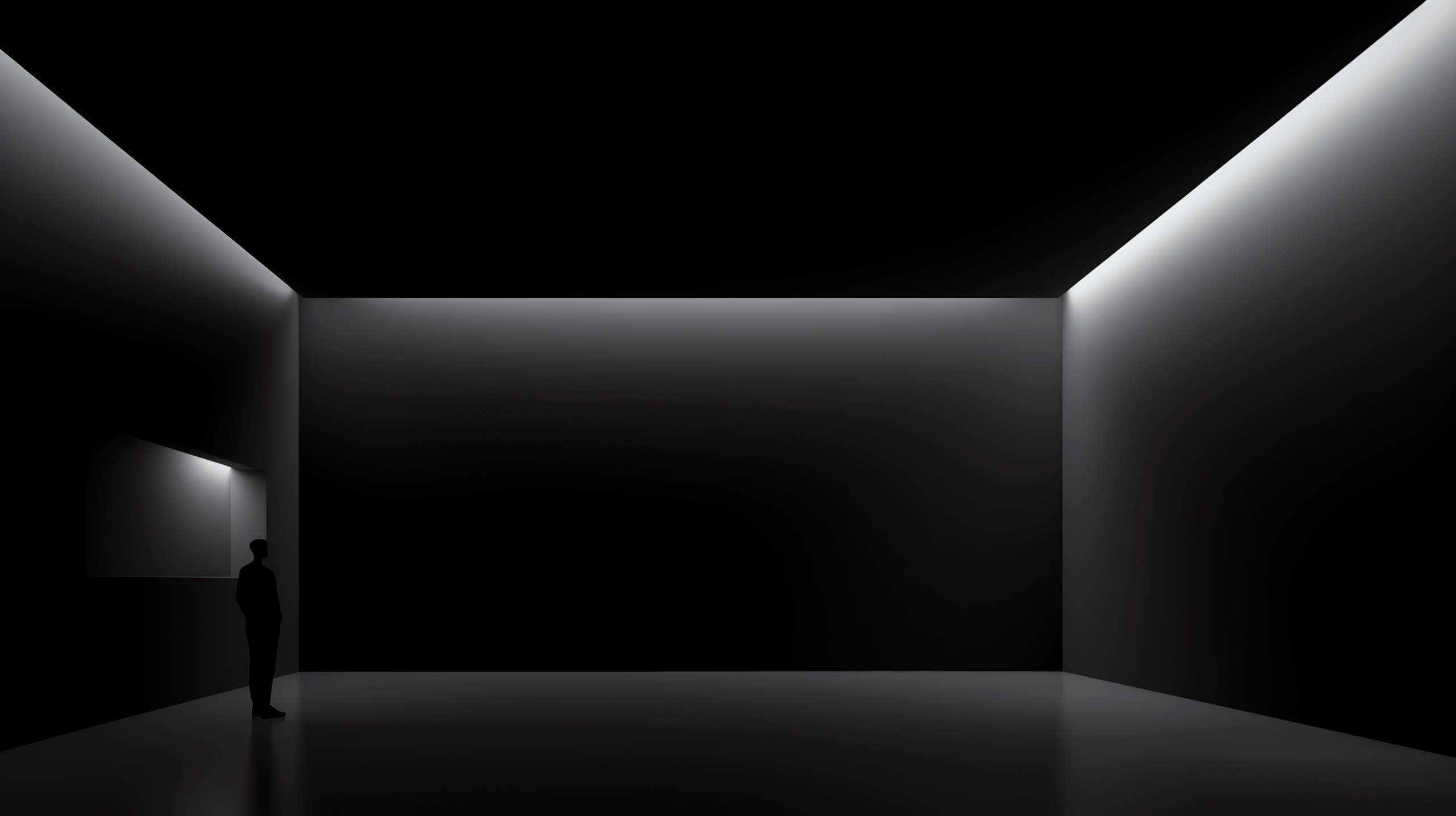 A man standing in a dark room with a single beam of light shining on him - Black, minimalist, black and white