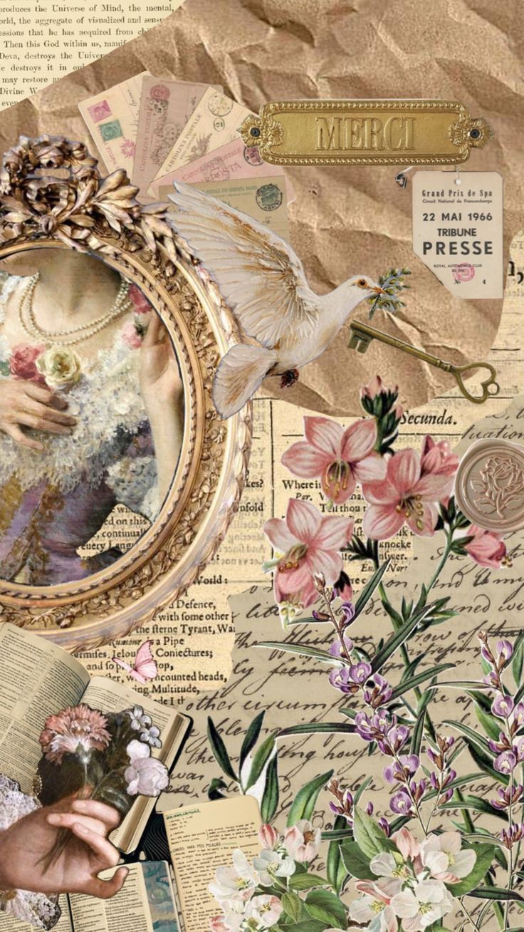 A collage of flowers, vintage images, and text on a brown paper background. - Victorian