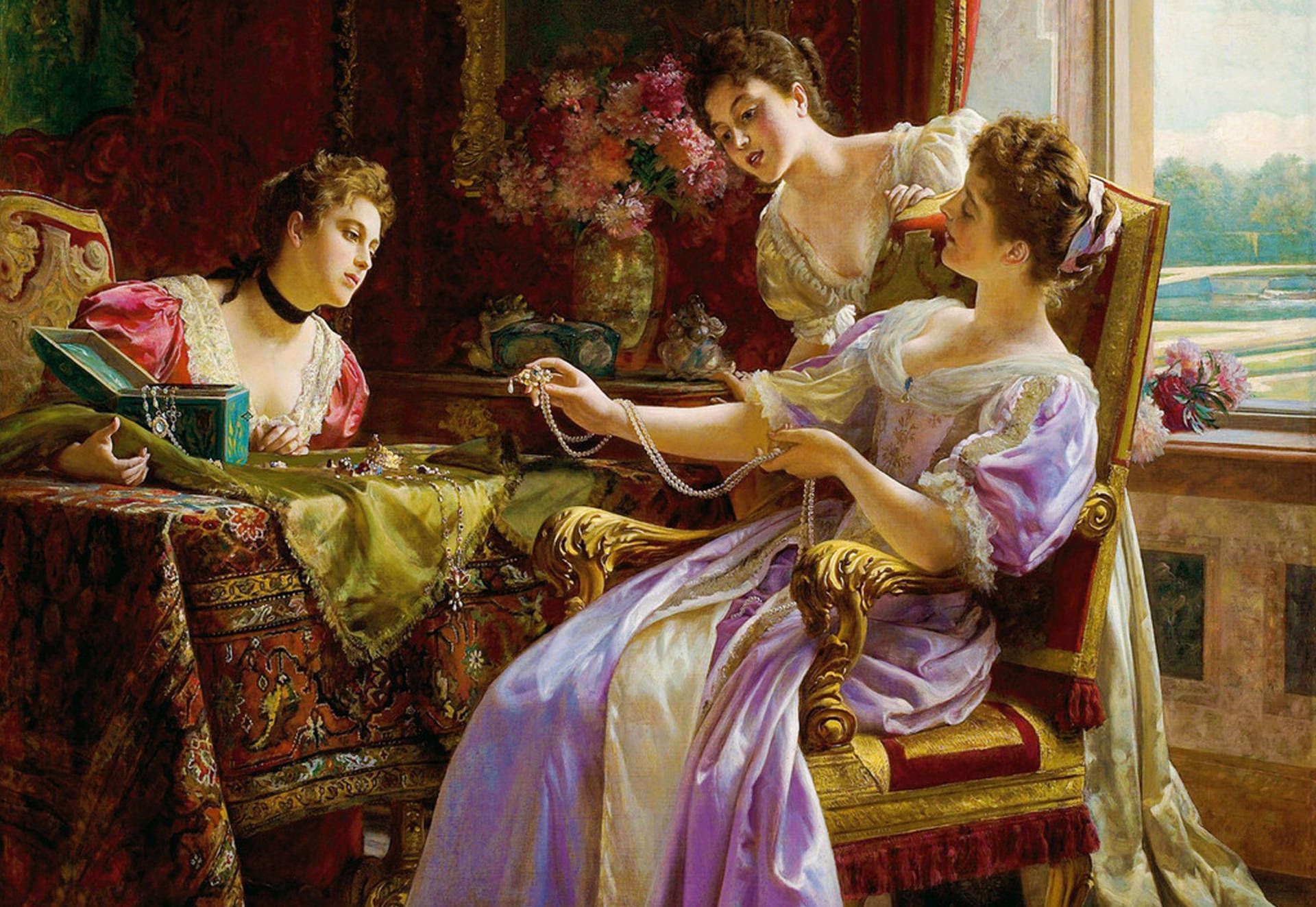 Three Victorian ladies in a drawing room, one showing off a string of pearls. - Victorian