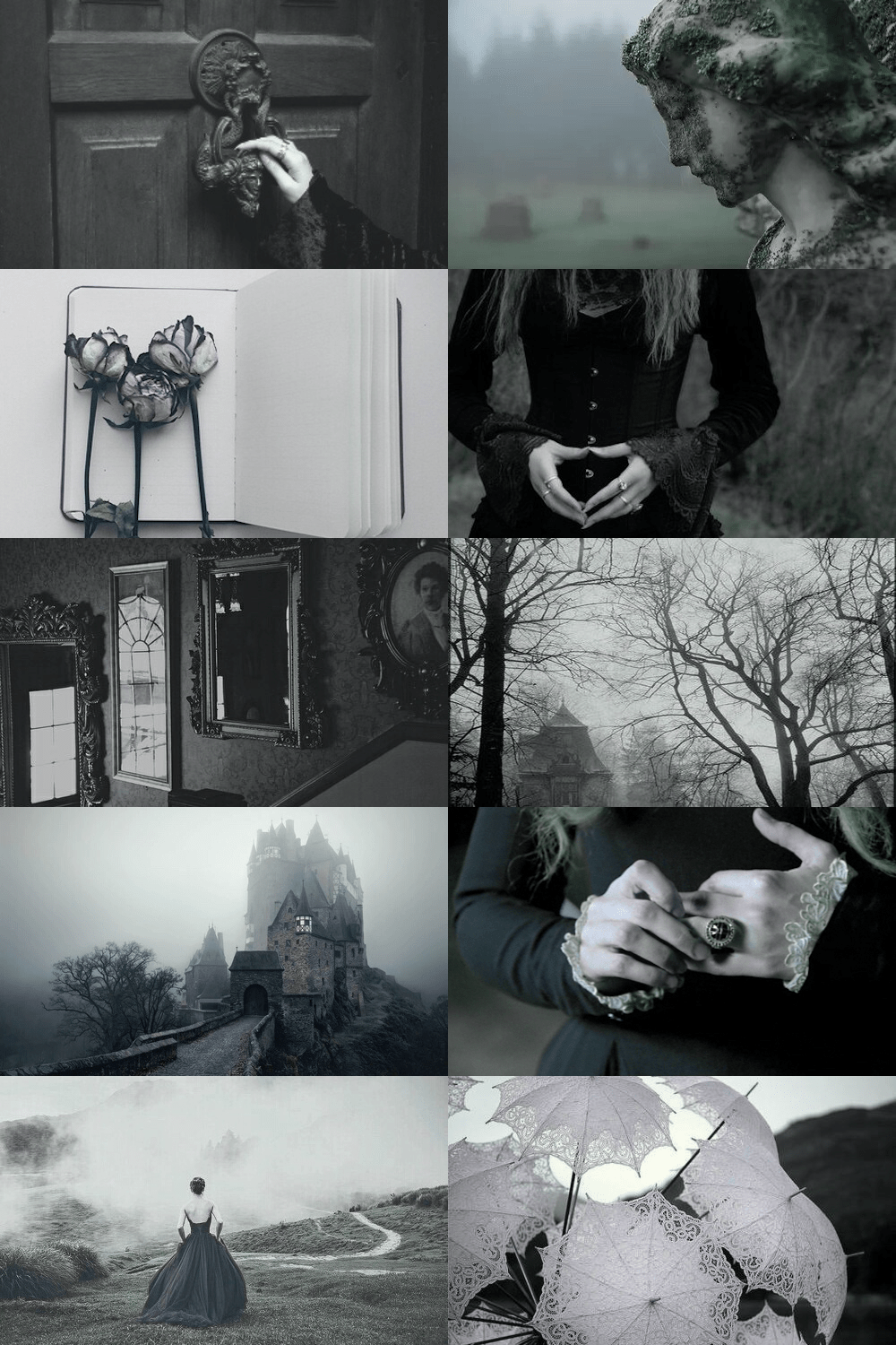 A collage of black and white images, including a gothic woman, a castle, a misty landscape, and a book. - Victorian