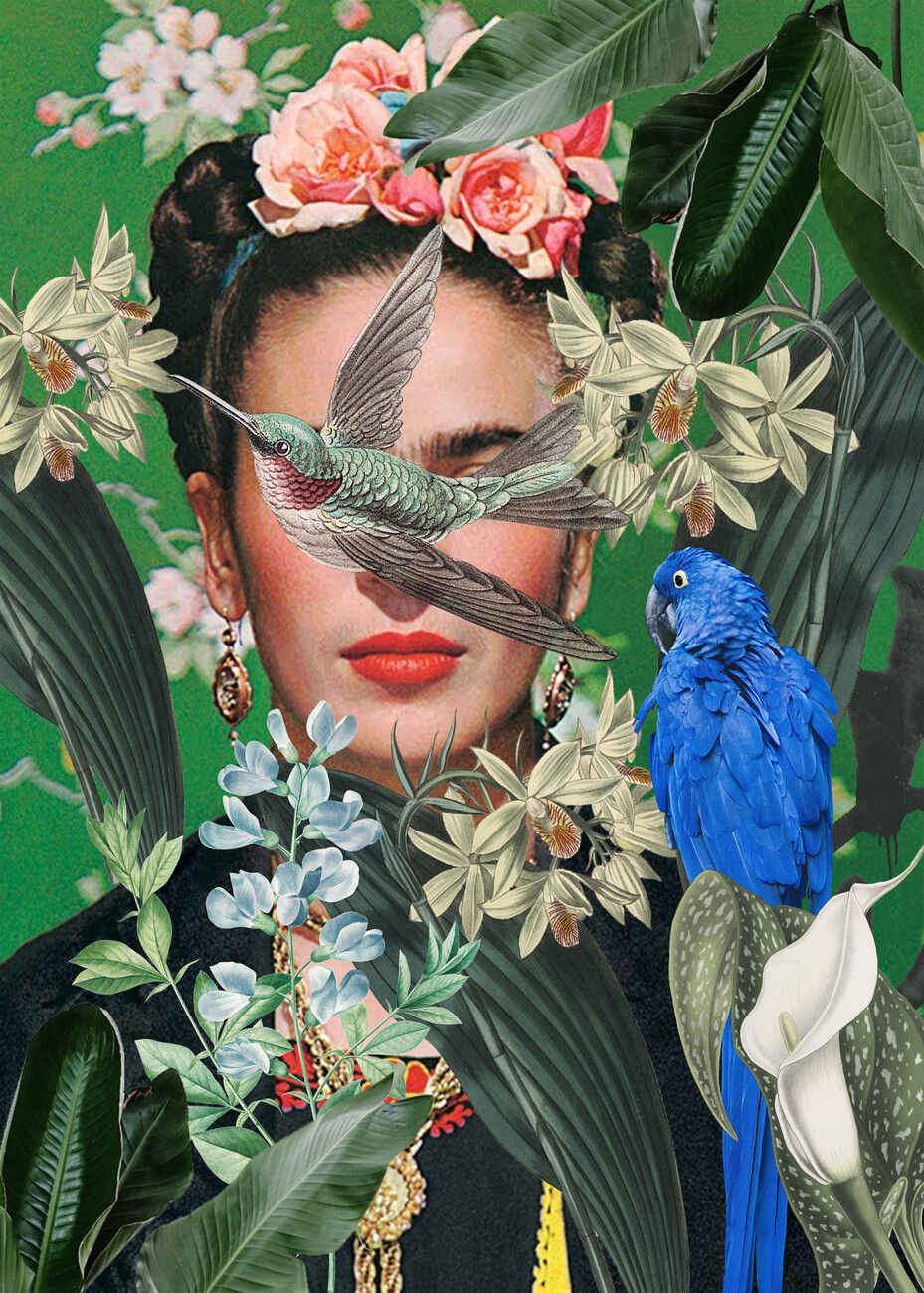 A digital collage of Frida Kahlo with tropical plants, flowers, and birds surrounding her. - Frida Kahlo