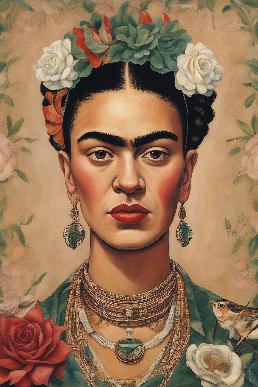 A portrait of Frida Kahlo wearing a traditional Mexican dress and jewelry. - Frida Kahlo