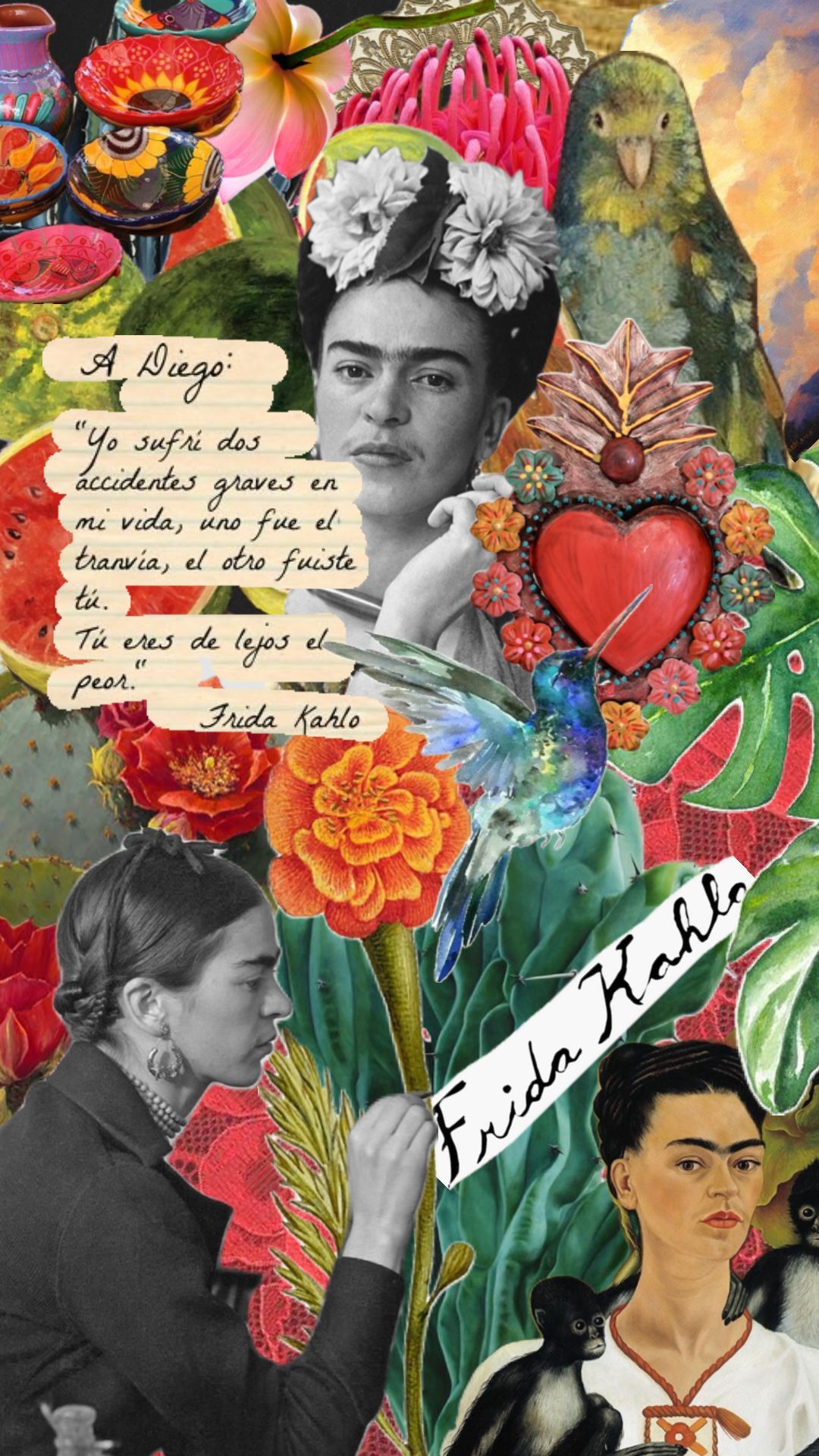 A collage of Frida Kahlo surrounded by flowers and birds. - Frida Kahlo