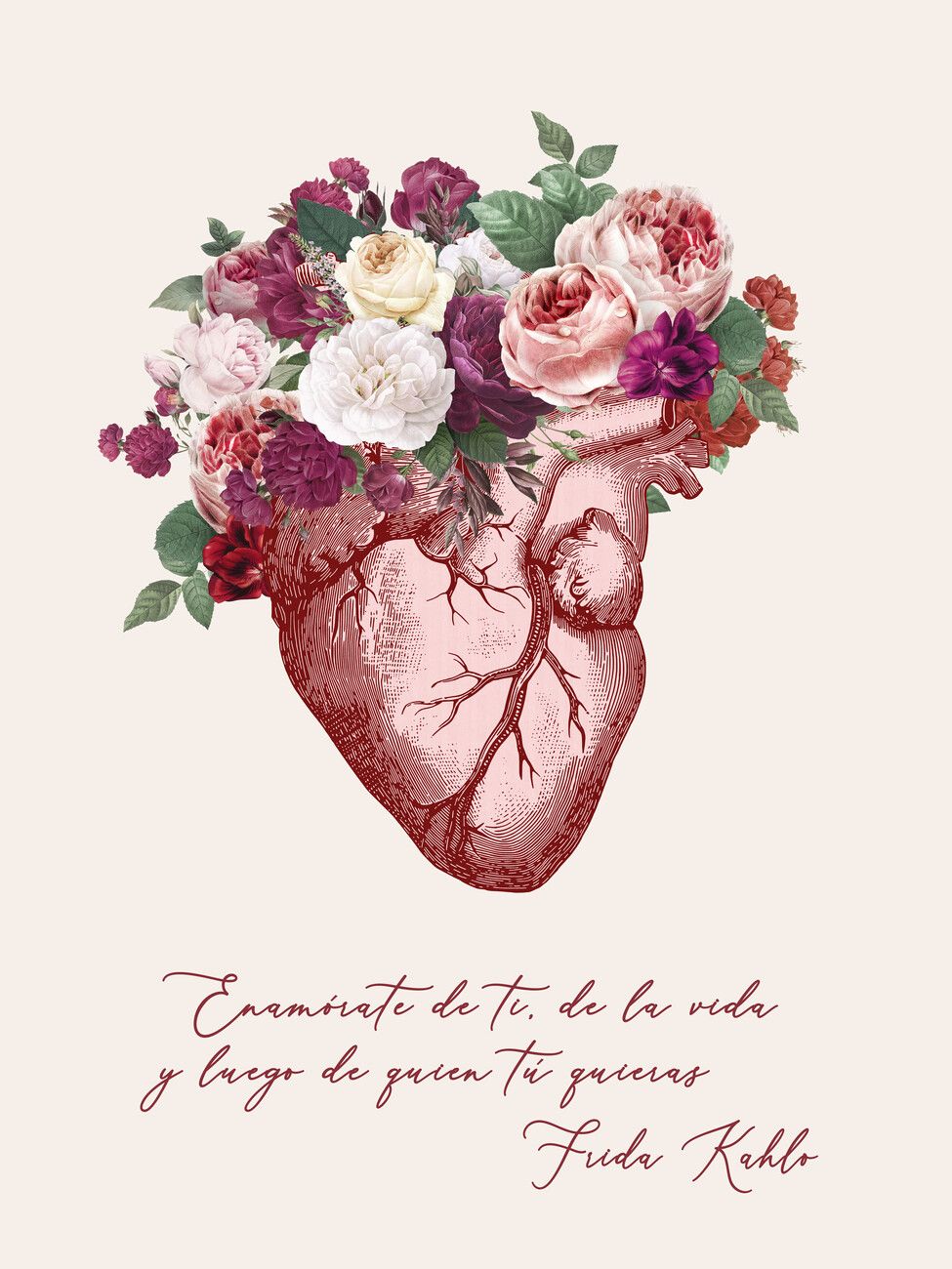 A drawing of a heart with flowers on top of it and Frida Kahlo's quote underneath it. - Frida Kahlo
