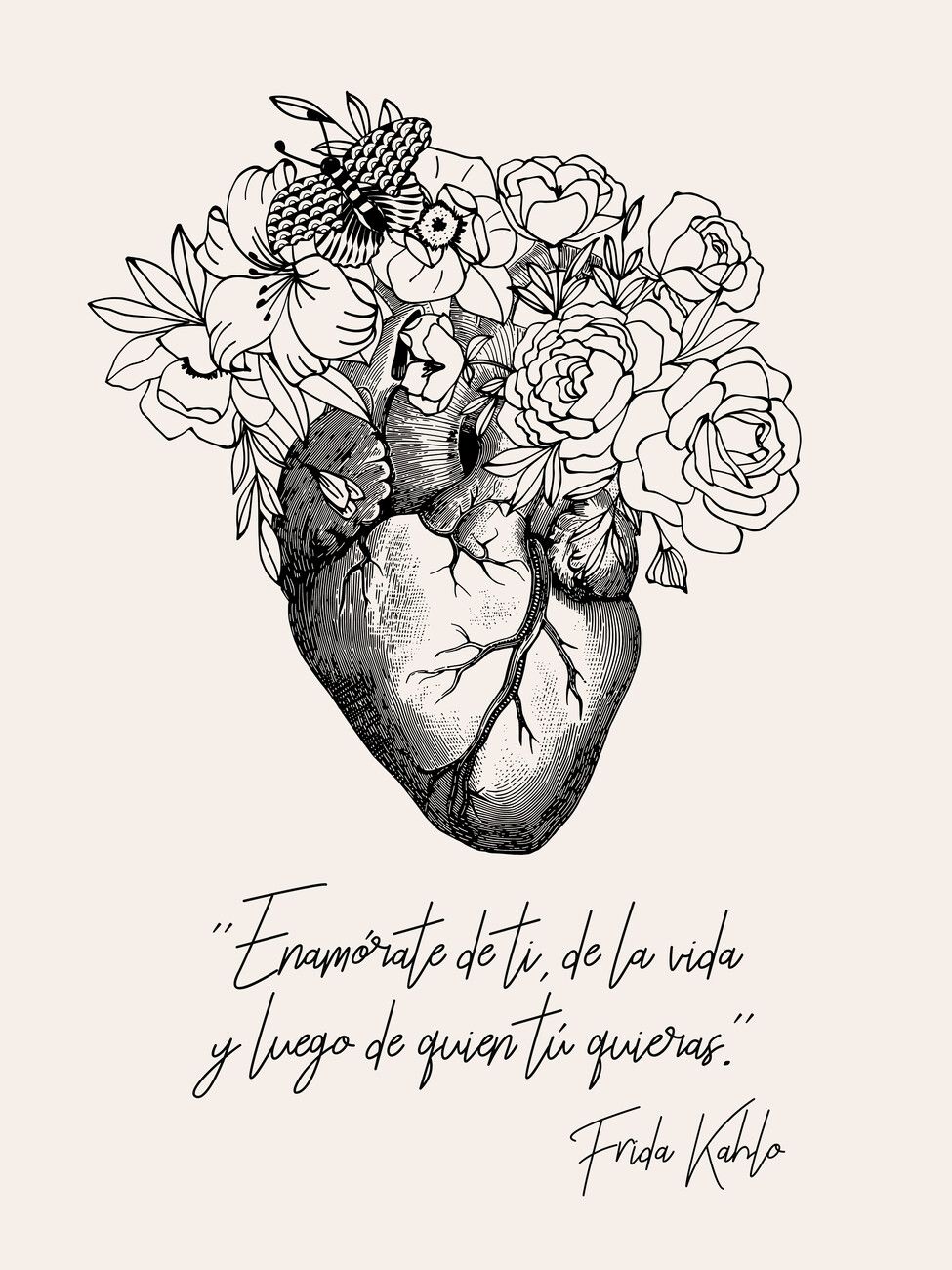 Anatomical floral heart with Frida Kahlo quote in Spanish. Black and white art print. - Frida Kahlo