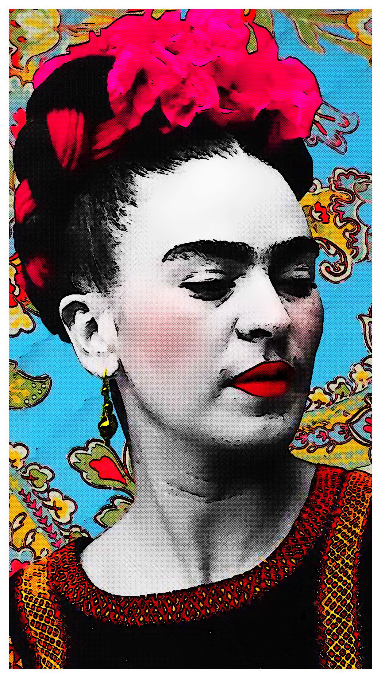 A portrait of Frida Kahlo with a blue background and flowers. - Frida Kahlo
