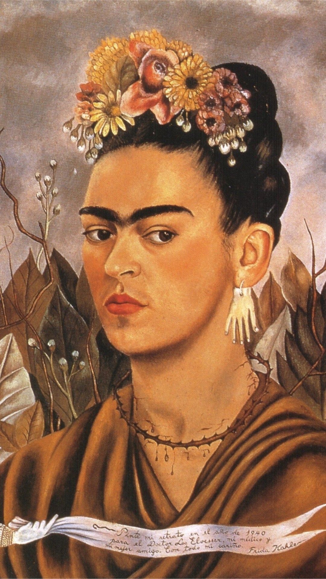A painting of Frida Kahlo with a brown shawl and flowers in her hair. - Frida Kahlo