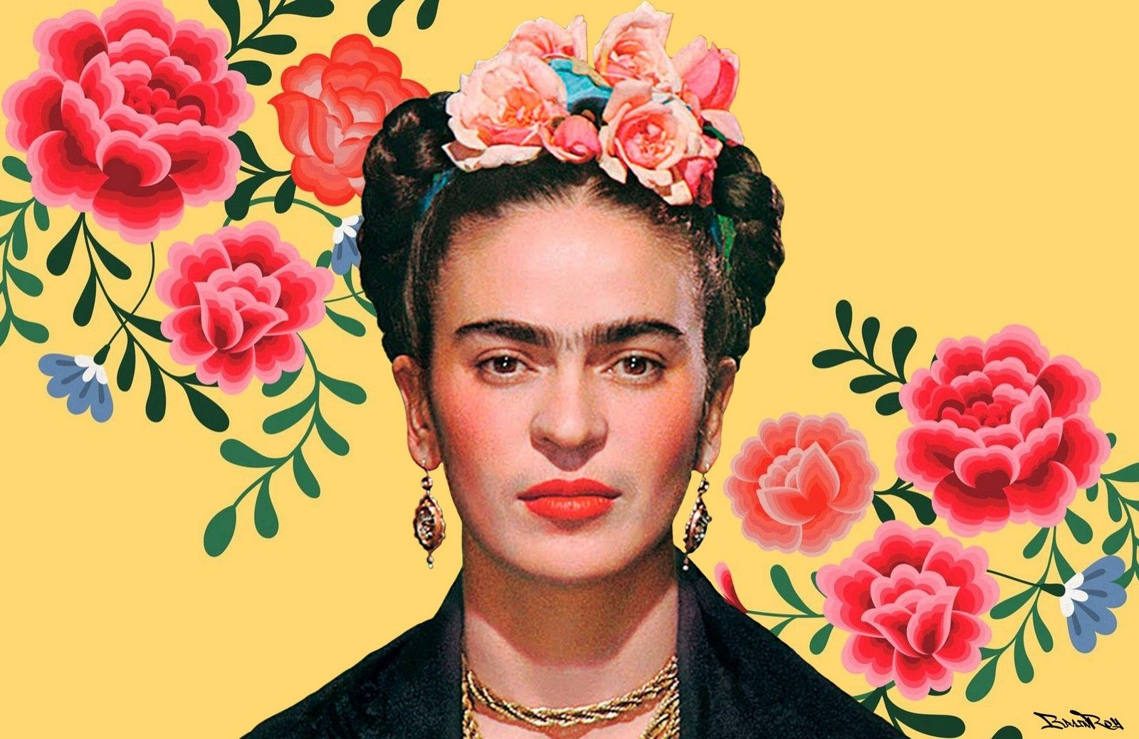 A painting of Frida Kahlo in front of a yellow background with red flowers. - Frida Kahlo