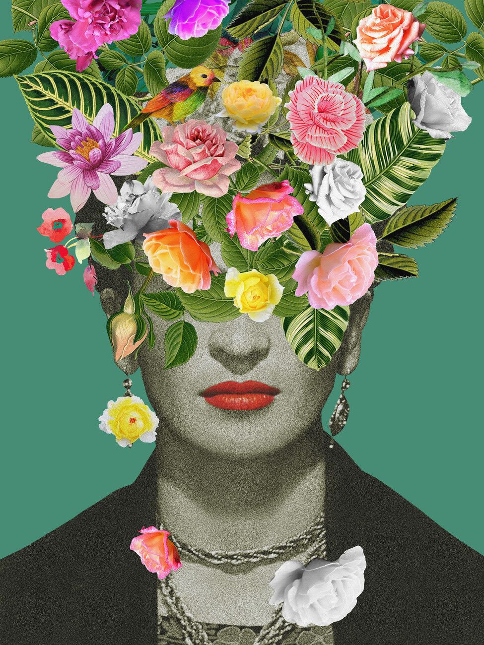 A digital collage of Frida Kahlo with flowers replacing her face. - Frida Kahlo