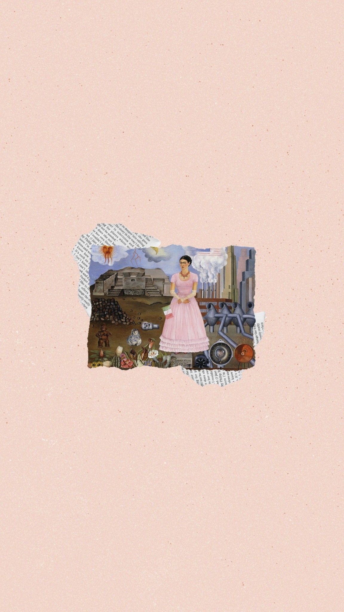 A collage of a woman in a pink dress with a bird flying above her. - Frida Kahlo
