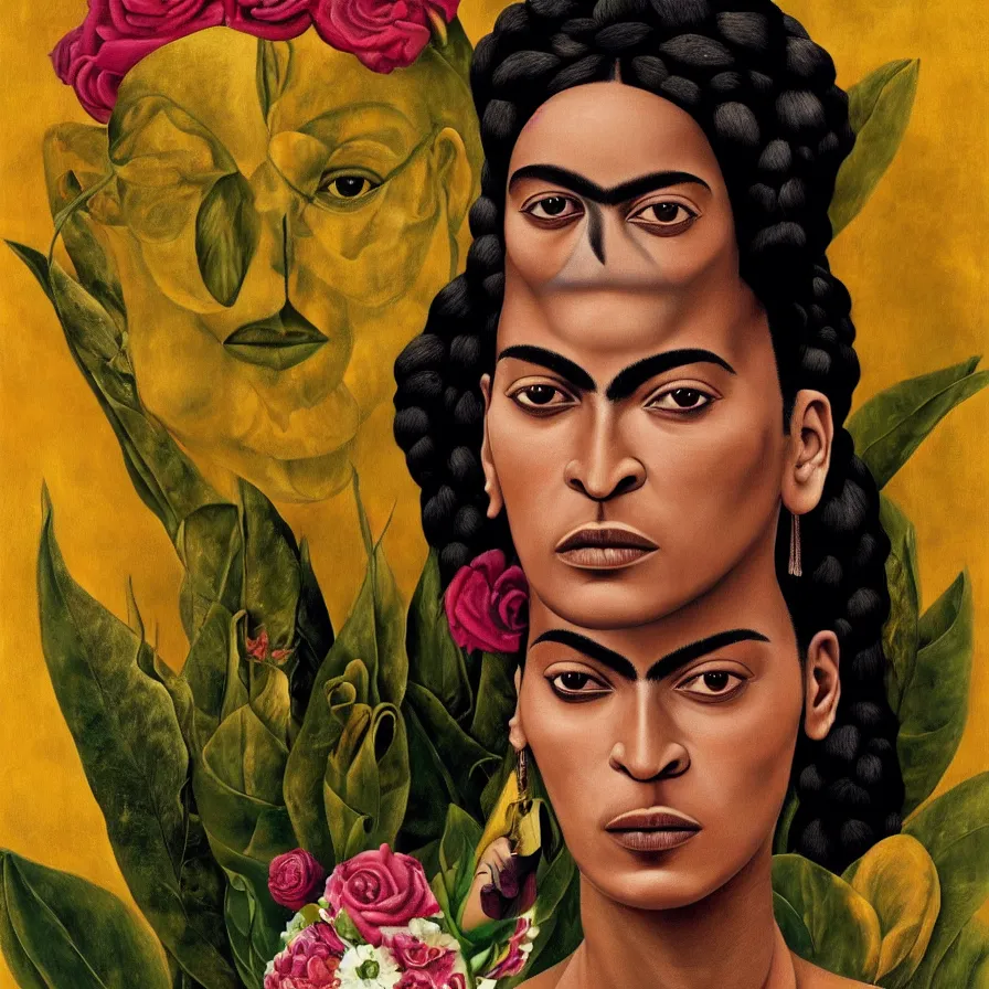 A painting of Frida Kahlo in three different instances, with flowers and leaves in the background. - Frida Kahlo