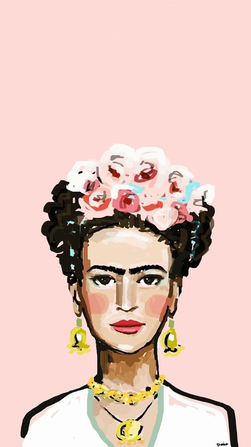 A digital painting of Frida Kahlo with flowers in her hair and a yellow necklace. - Frida Kahlo