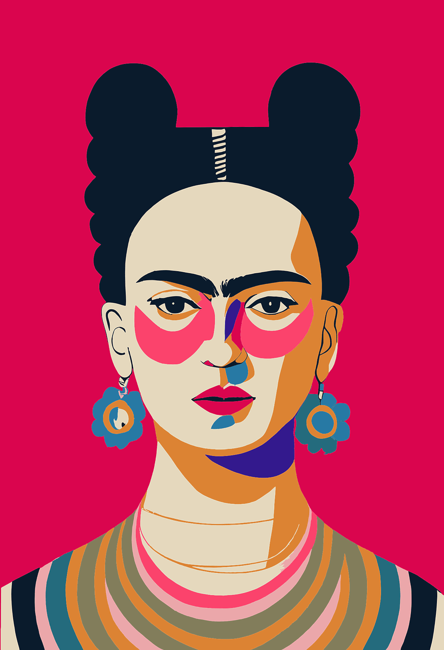 A portrait of Frida Kahlo, the Mexican painter, with her face divided into two, one half pink and one half blue. - Frida Kahlo