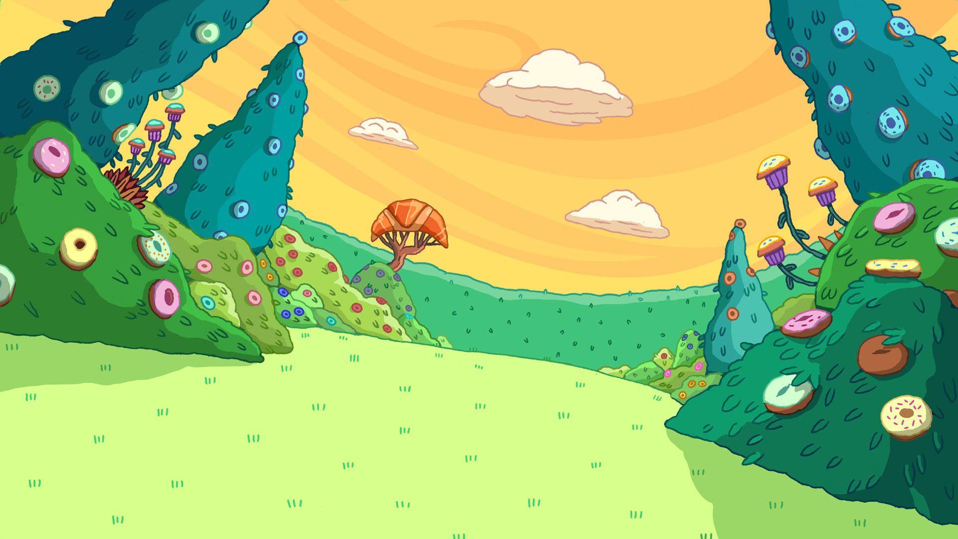 A landscape with trees made of candy, clouds made of cotton candy, and a sky made of frosting. - Adventure Time