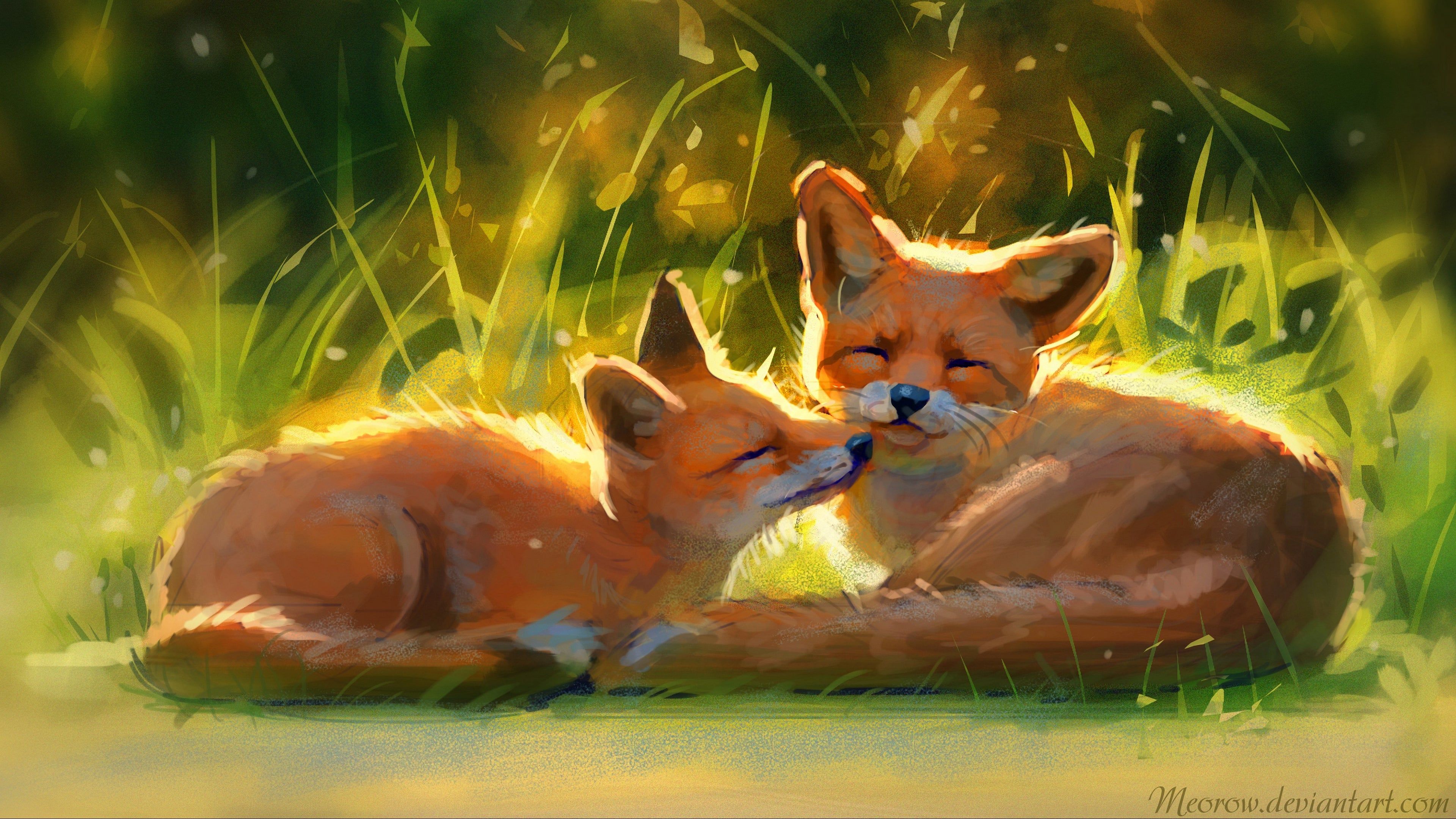 A painting of two foxes laying in the grass - Fox