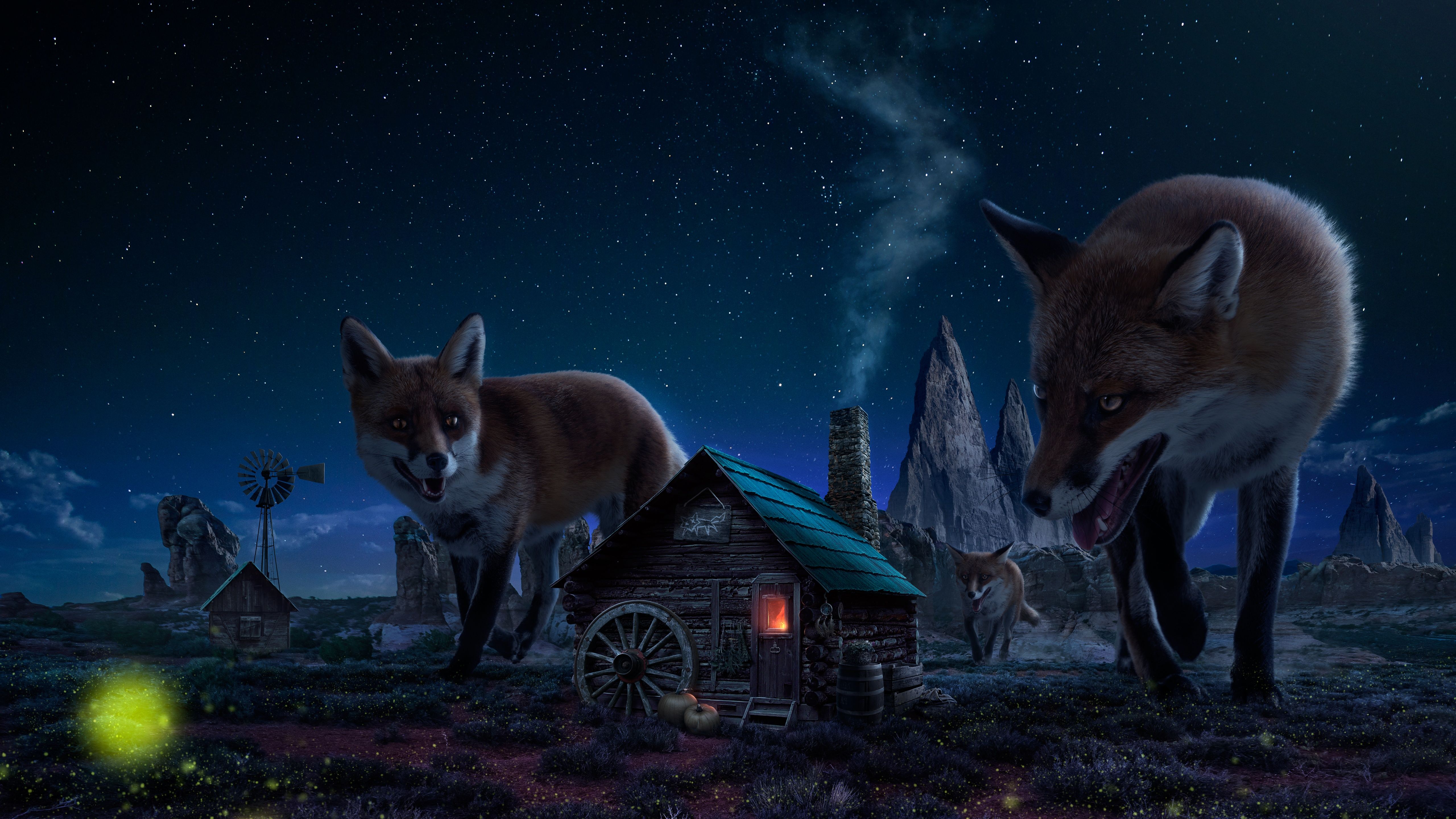 Two foxes outside a small house in a fantasy landscape - Fox