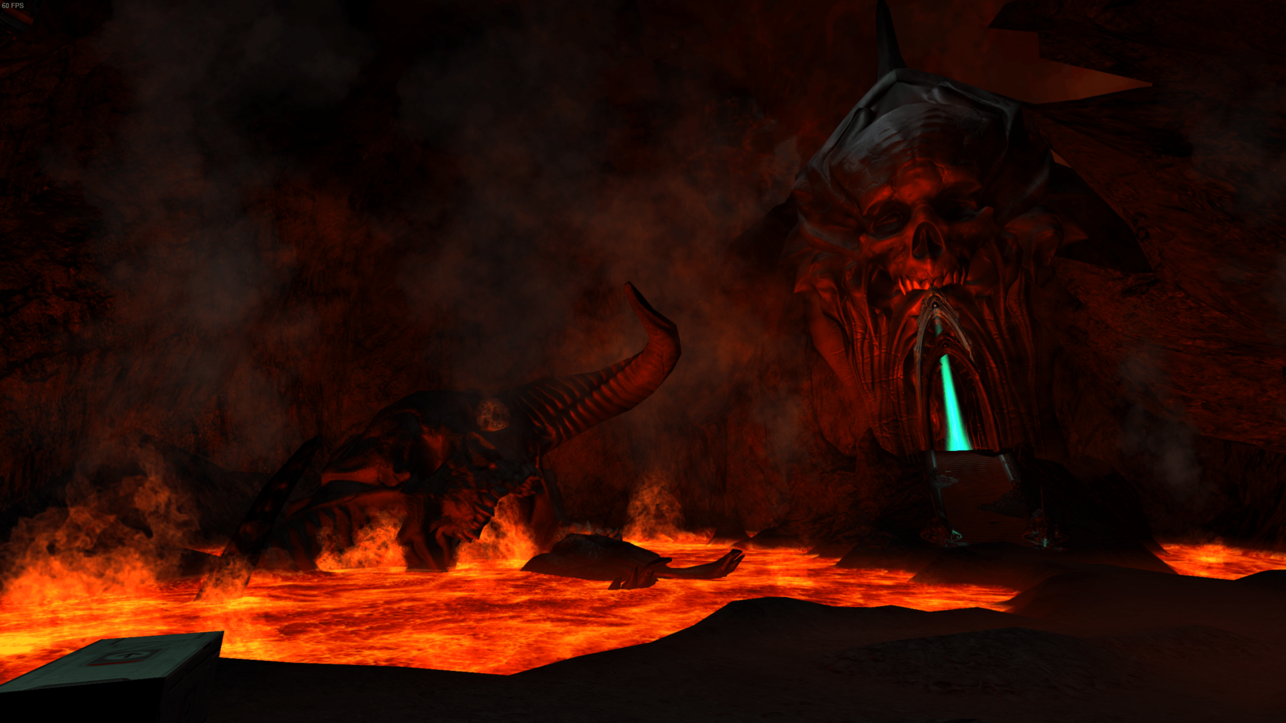 A dark cave with a large demon like creature in the background - Crimson