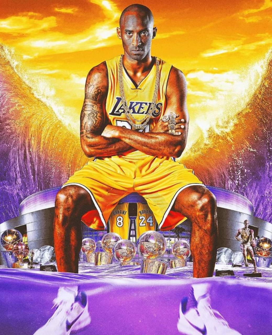 Kobe Bryant in Lakers jersey sitting on a throne with his 5 championship rings - Kobe Bryant