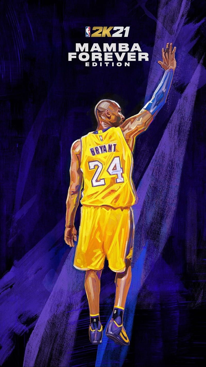 Kobe Bryant in his Lakers jersey waves to the crowd in this poster for the NBA 2K21 Mamba Forever Edition. - Kobe Bryant