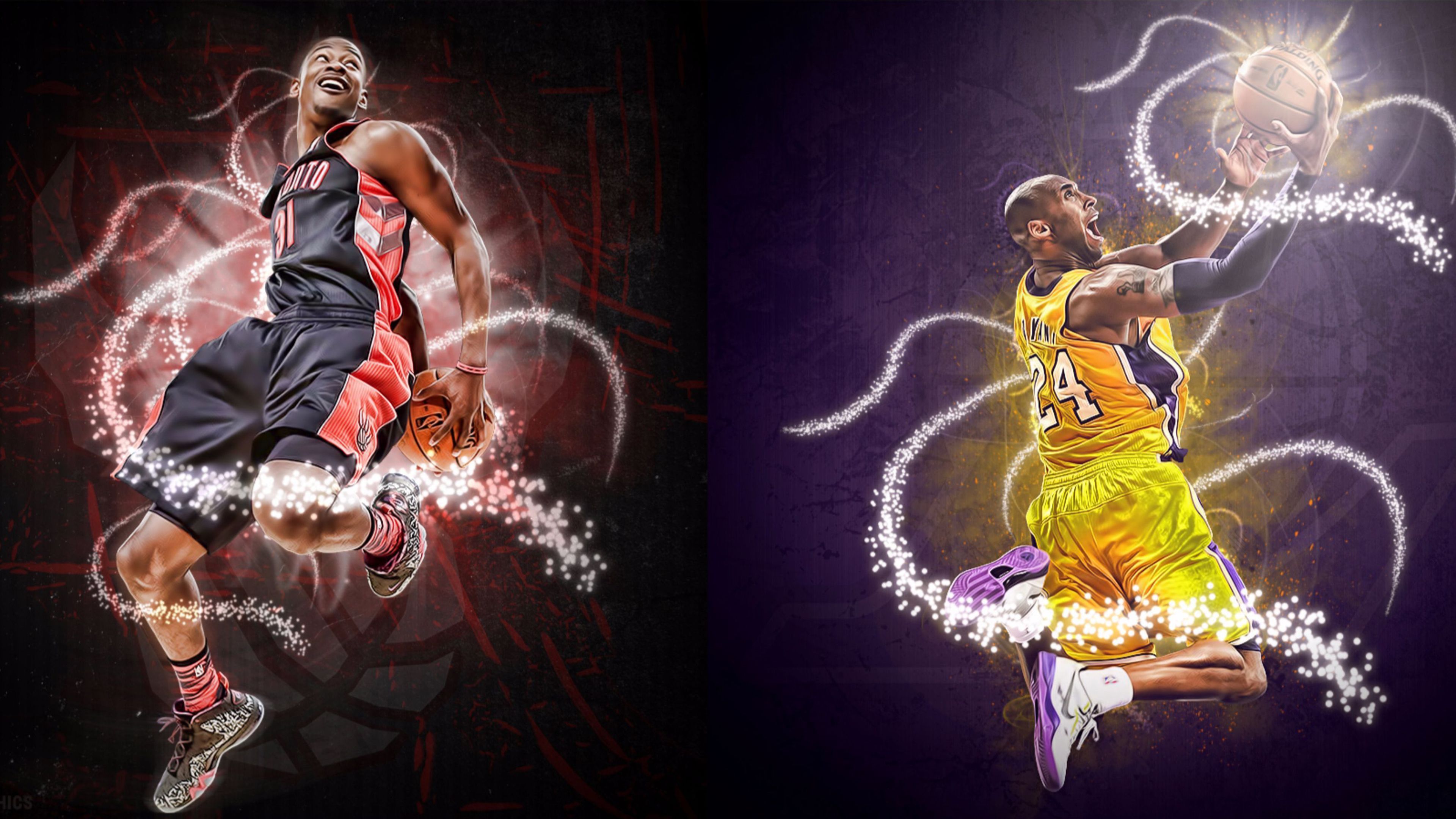 Two basketball players in the air, one in red and white, the other in yellow and purple - Kobe Bryant