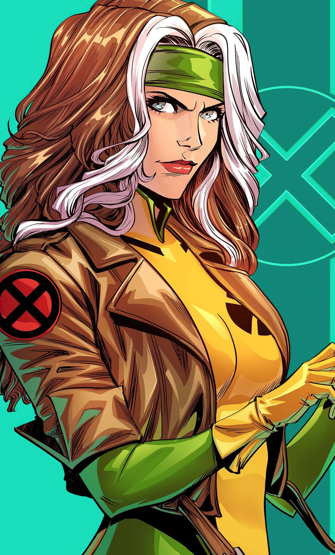 A close-up of a woman with white and red hair, wearing a yellow top, brown jacket, and gloves. She has a green headband and is looking to the side. - Rogue