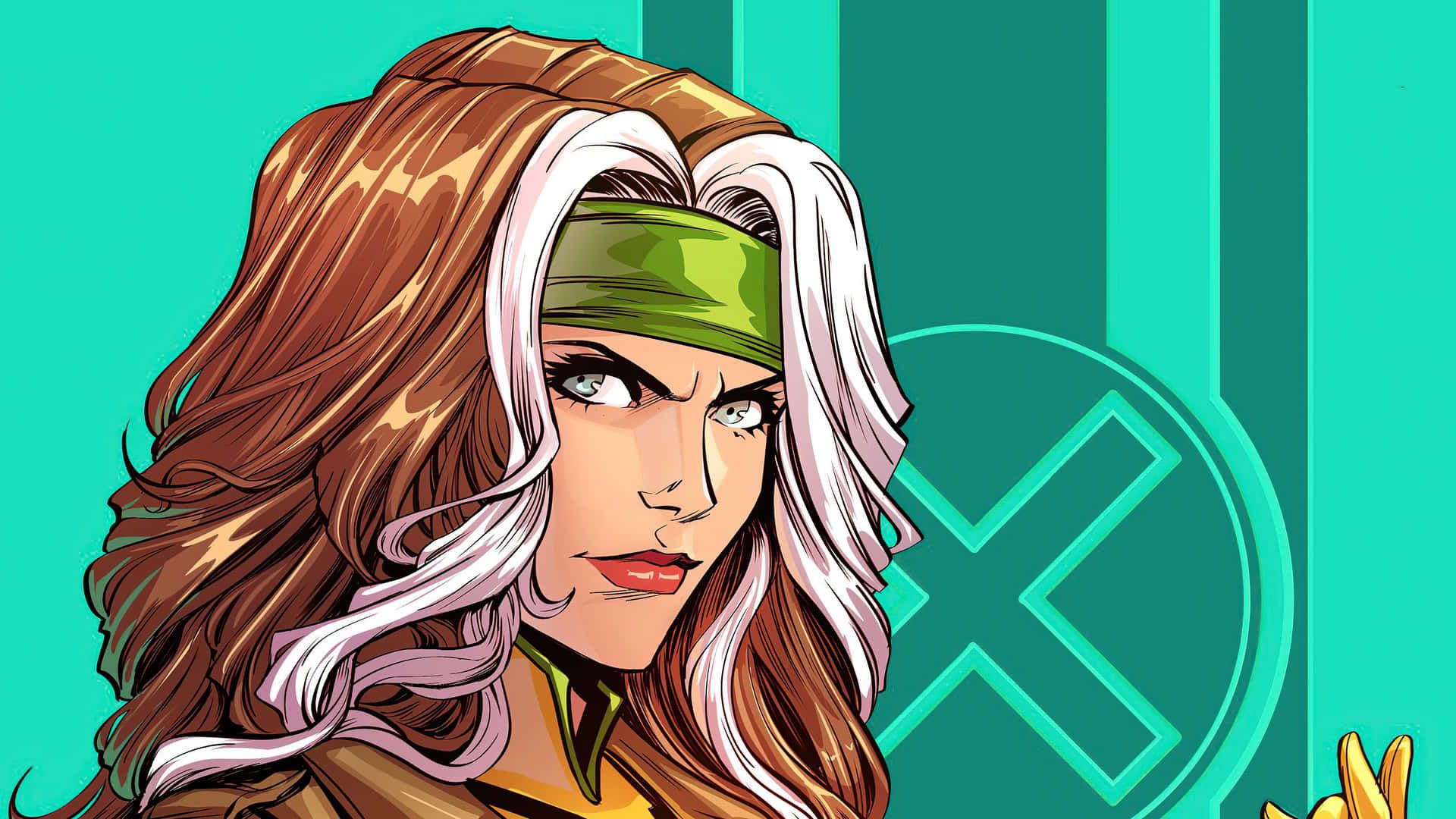 A woman with white and brown hair and a green headband looks to the side. She is wearing a yellow top and has her left hand up in a fist. She is standing in front of a blue background with the X-Men logo on it. - Rogue