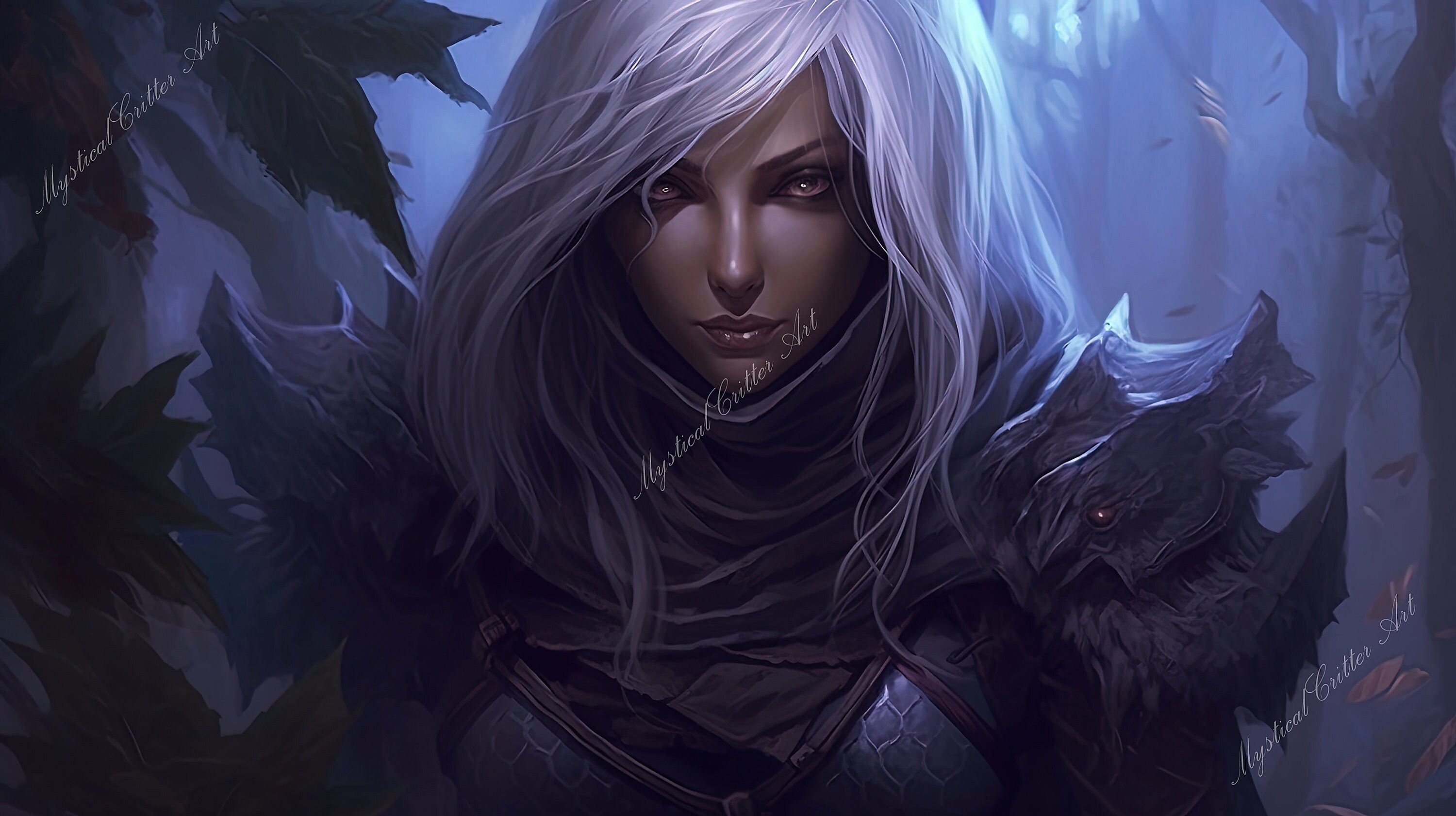 A white haired woman with a wolf in the forest - Rogue