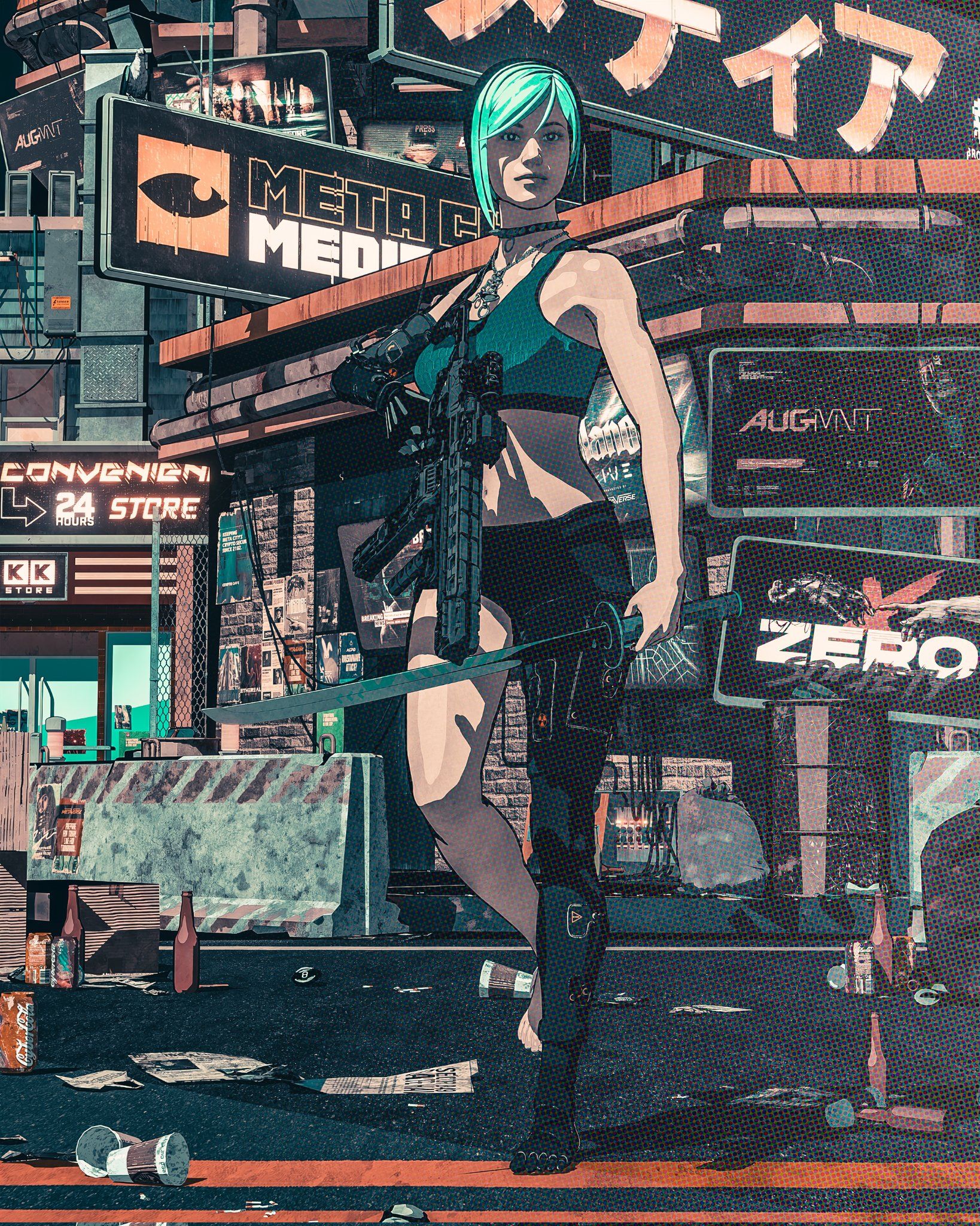 Cyberpunk 2077 wallpaper with a girl holding a gun in a dystopian city - Rogue