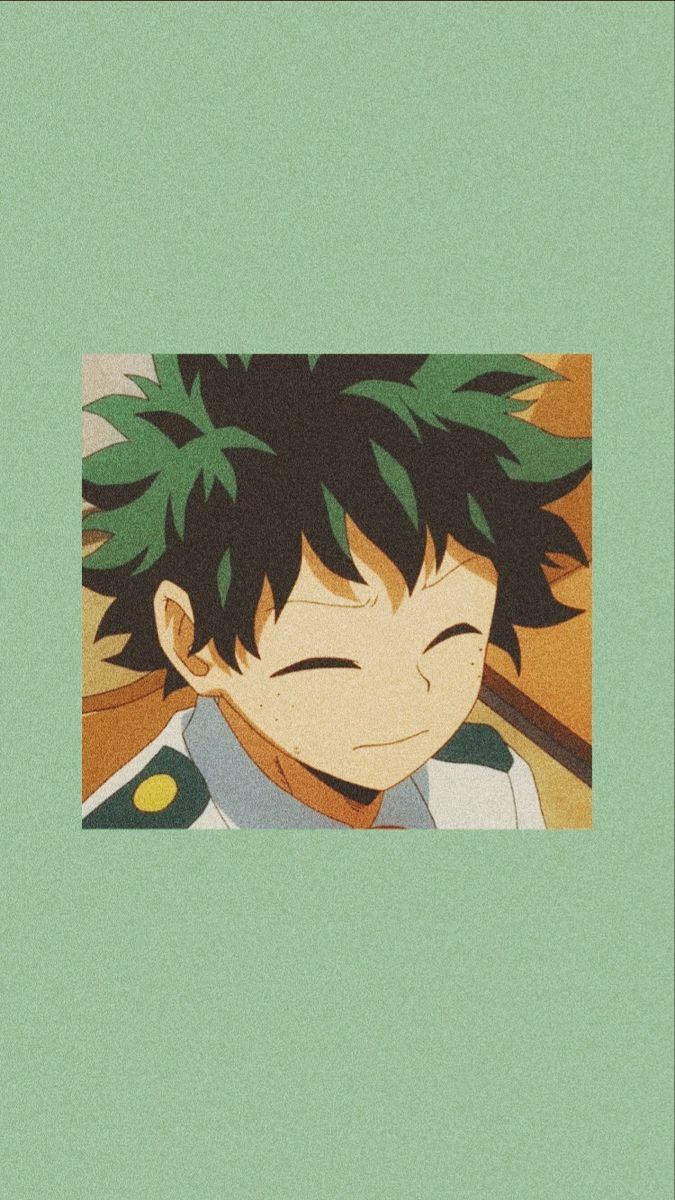 A green background with a picture of a boy with green hair smiling. - Deku