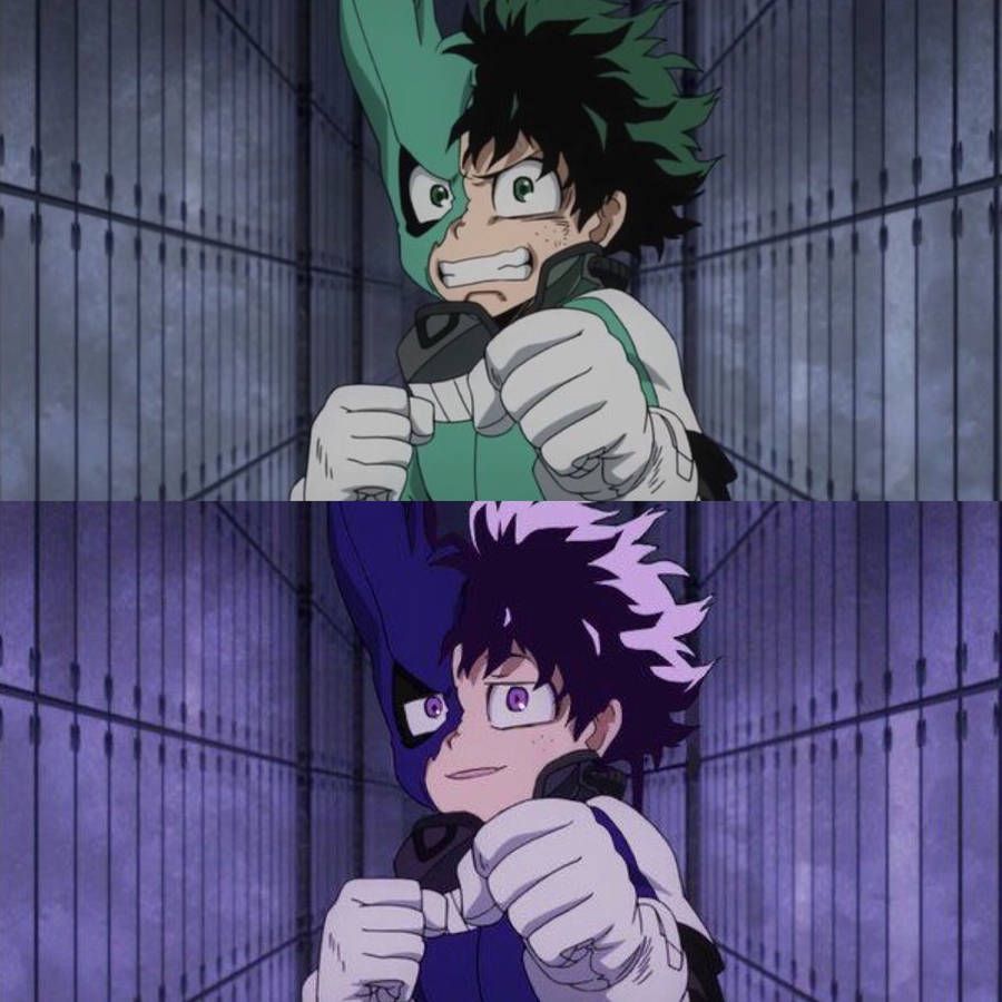 A split image of Midoriya and Bakugo in their costumes. - Deku