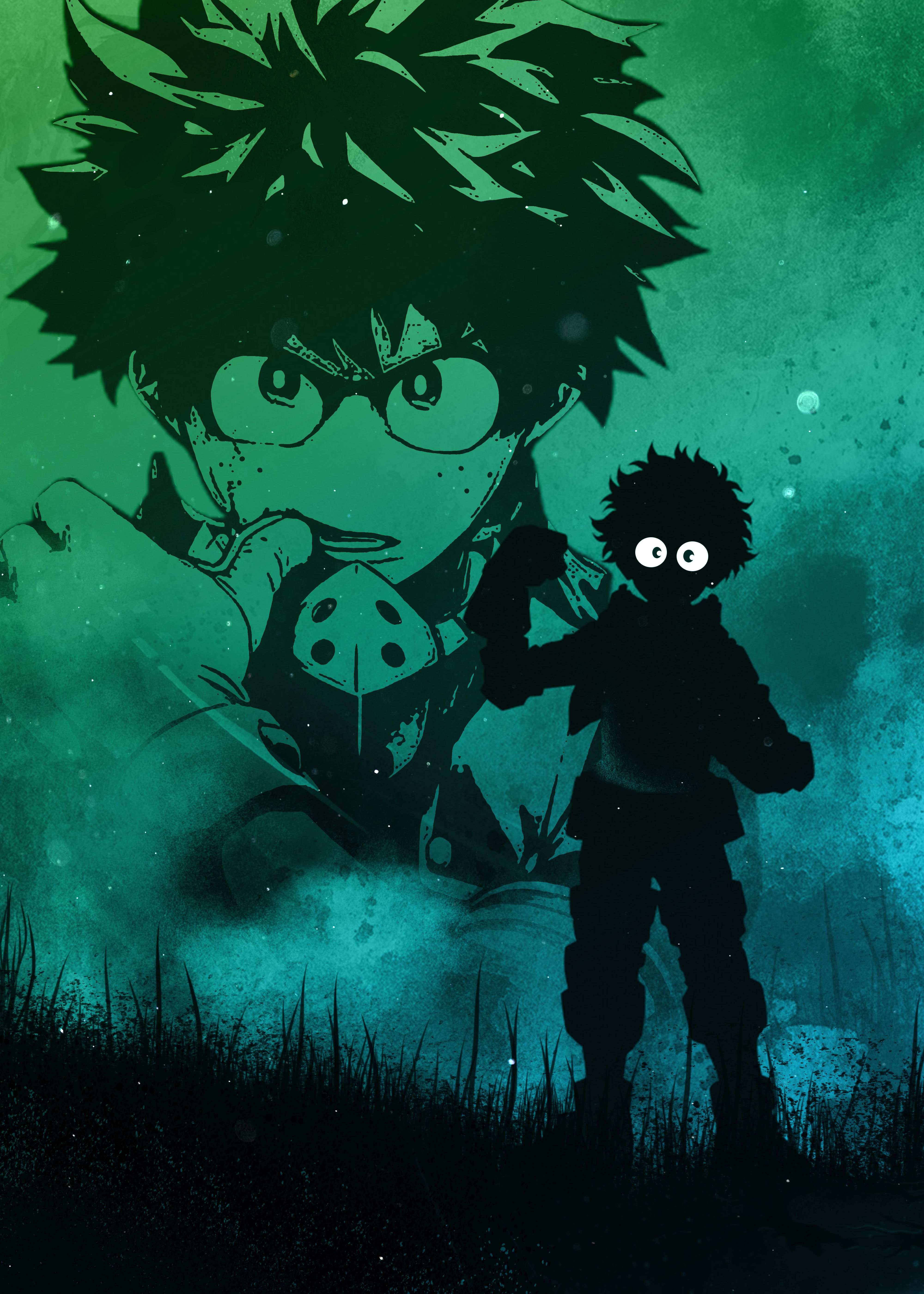 A green and blue wallpaper of a silhouette of a young boy with spiky hair holding a gun with a pig behind him - Deku