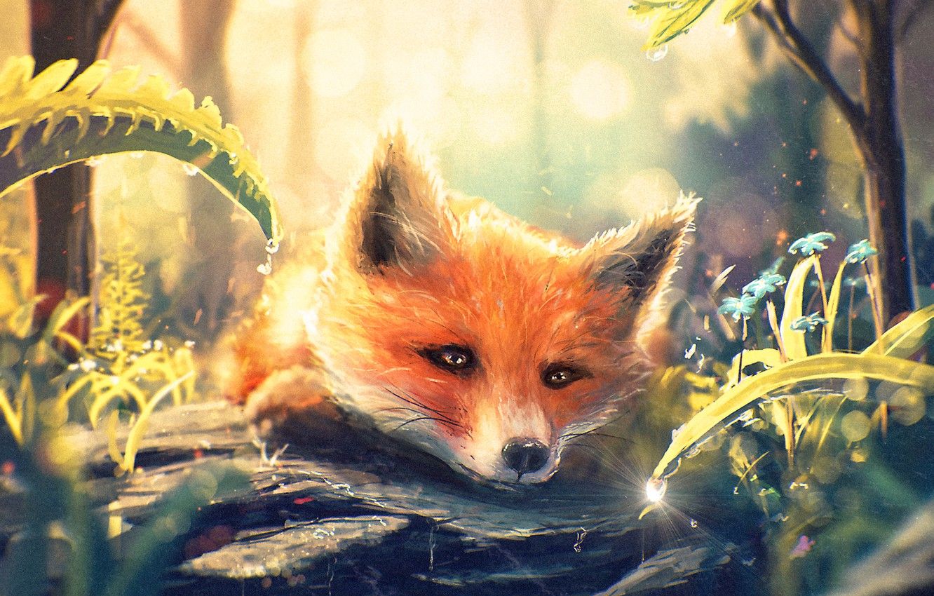 Photo wallpaper forest, the sun, leaves, Fox, flowers, grass, art - Fox