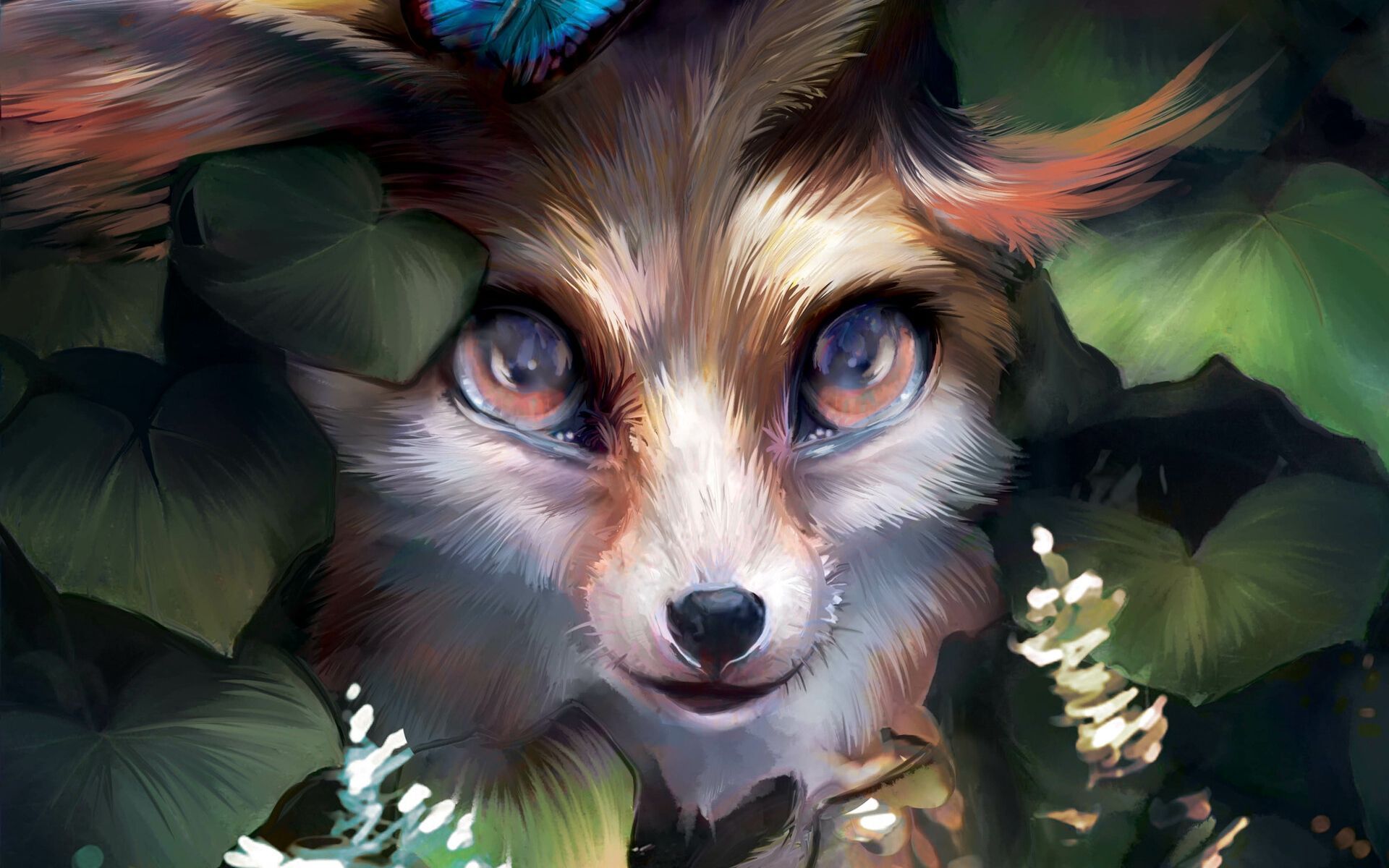 A fox with blue eyes and a butterfly on its head. - Fox