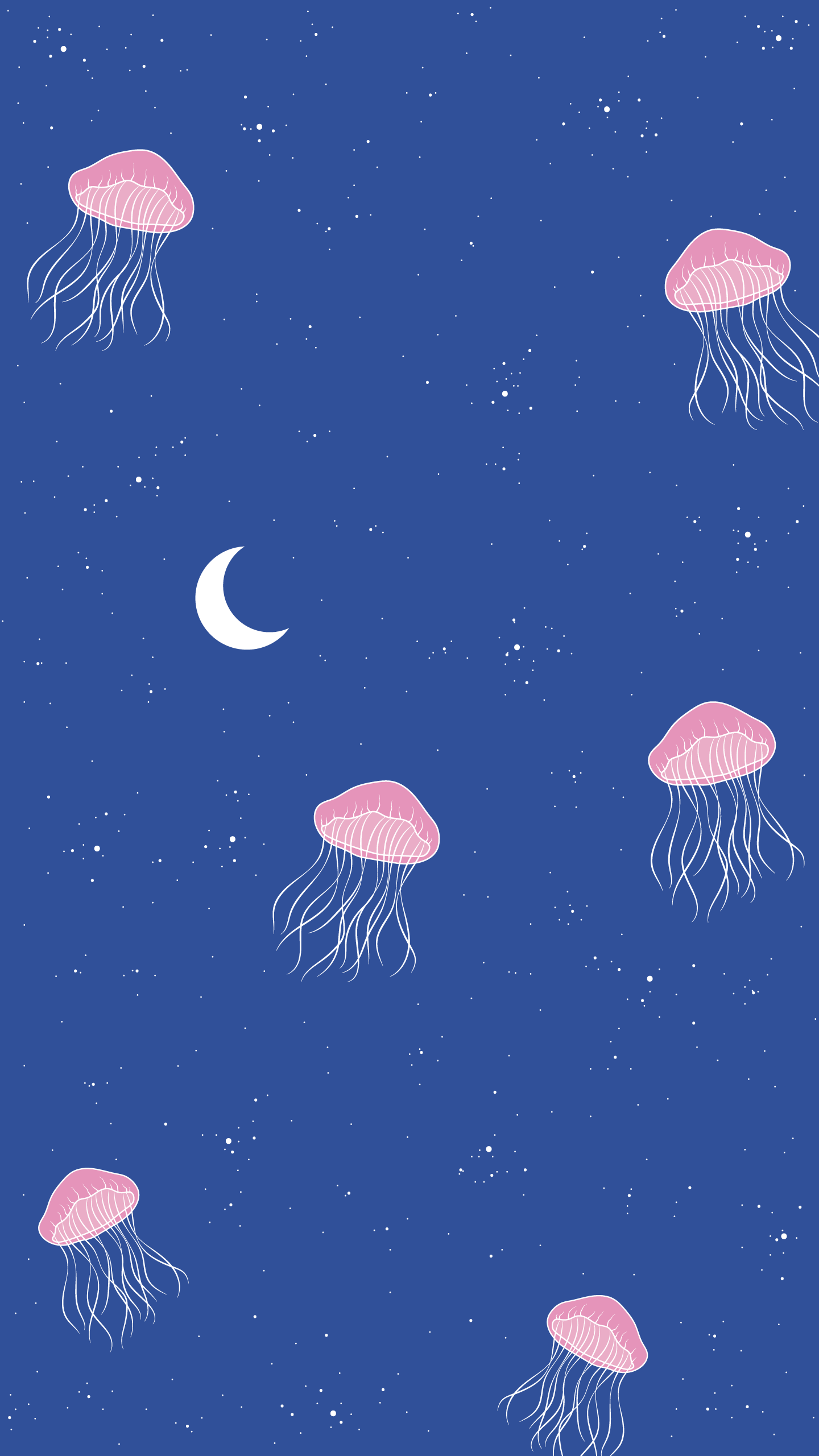 A blue background with white stars and pink jellyfish swimming in the middle. - Jellyfish