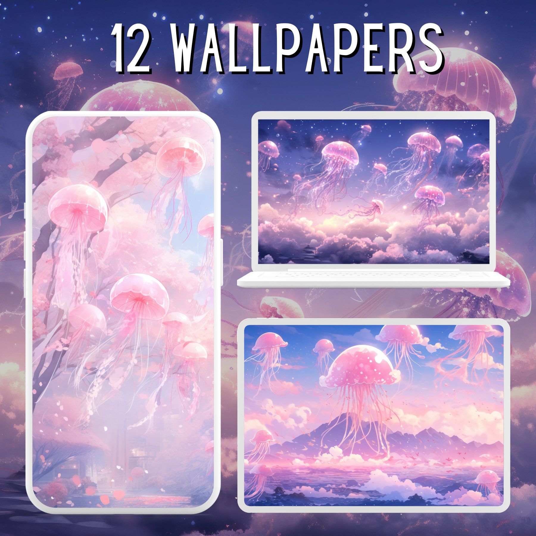 This is a set of 12 unique jellyfish wallpapers for your phone, tablet, and laptop. - Jellyfish