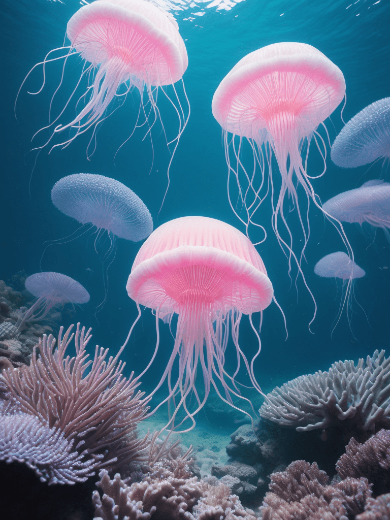 A group of pink and white jellyfish swim over a coral reef. - Jellyfish