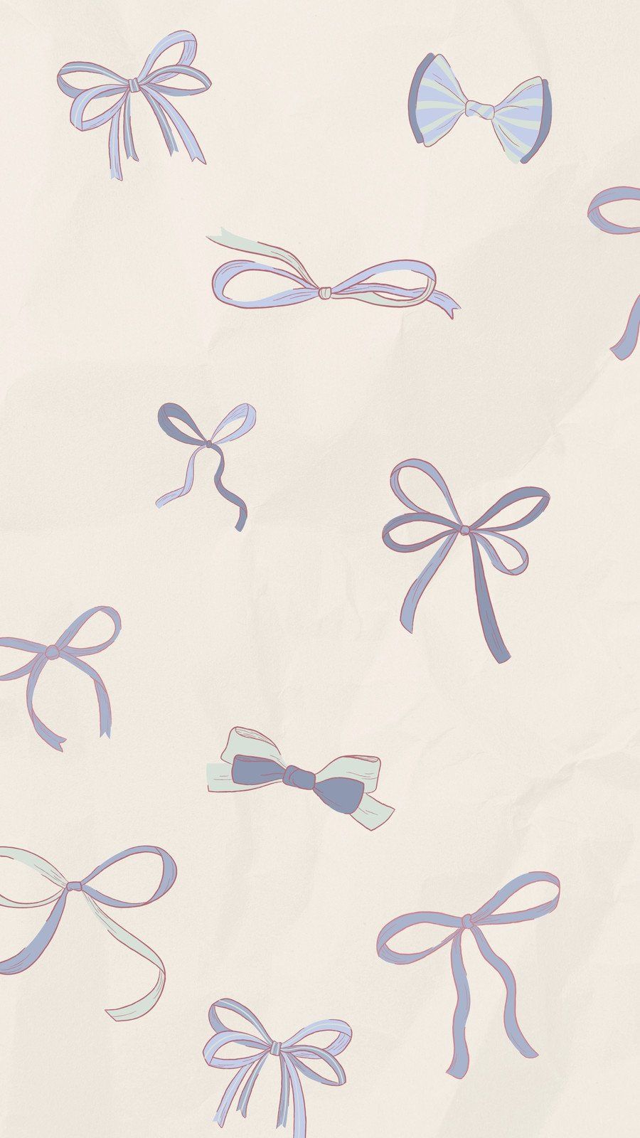 A phone wallpaper with blue and purple bow ribbons on a cream background - Coquette, design