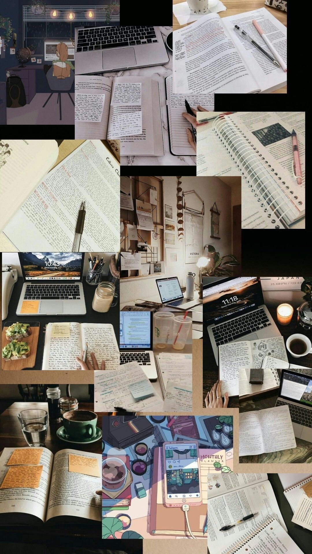 Aesthetic collage of study notes, books, and laptops. - Study