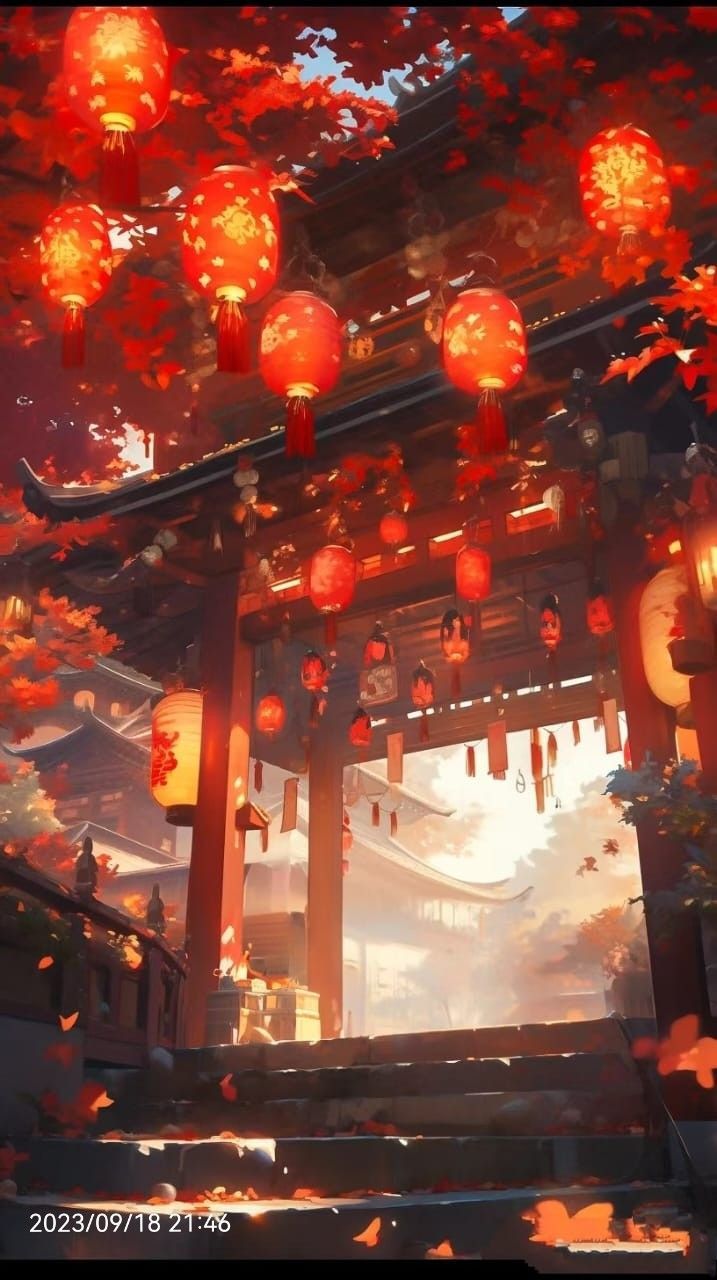 Red lanterns hang from the roof of a Chinese temple. The sky is orange and there are red maple leaves falling from the trees. It's a beautiful, peaceful scene. - Chinese