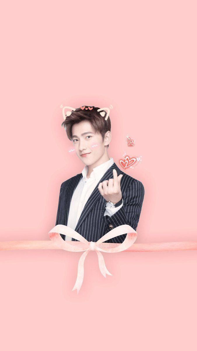 Wallpaper of EXO's Lay with a pink background - Chinese