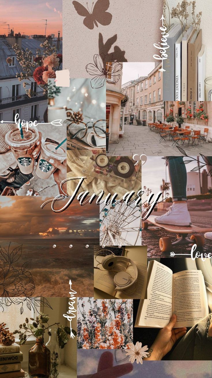 Aesthetic collage of January memories, including coffee, books, and travel. - January