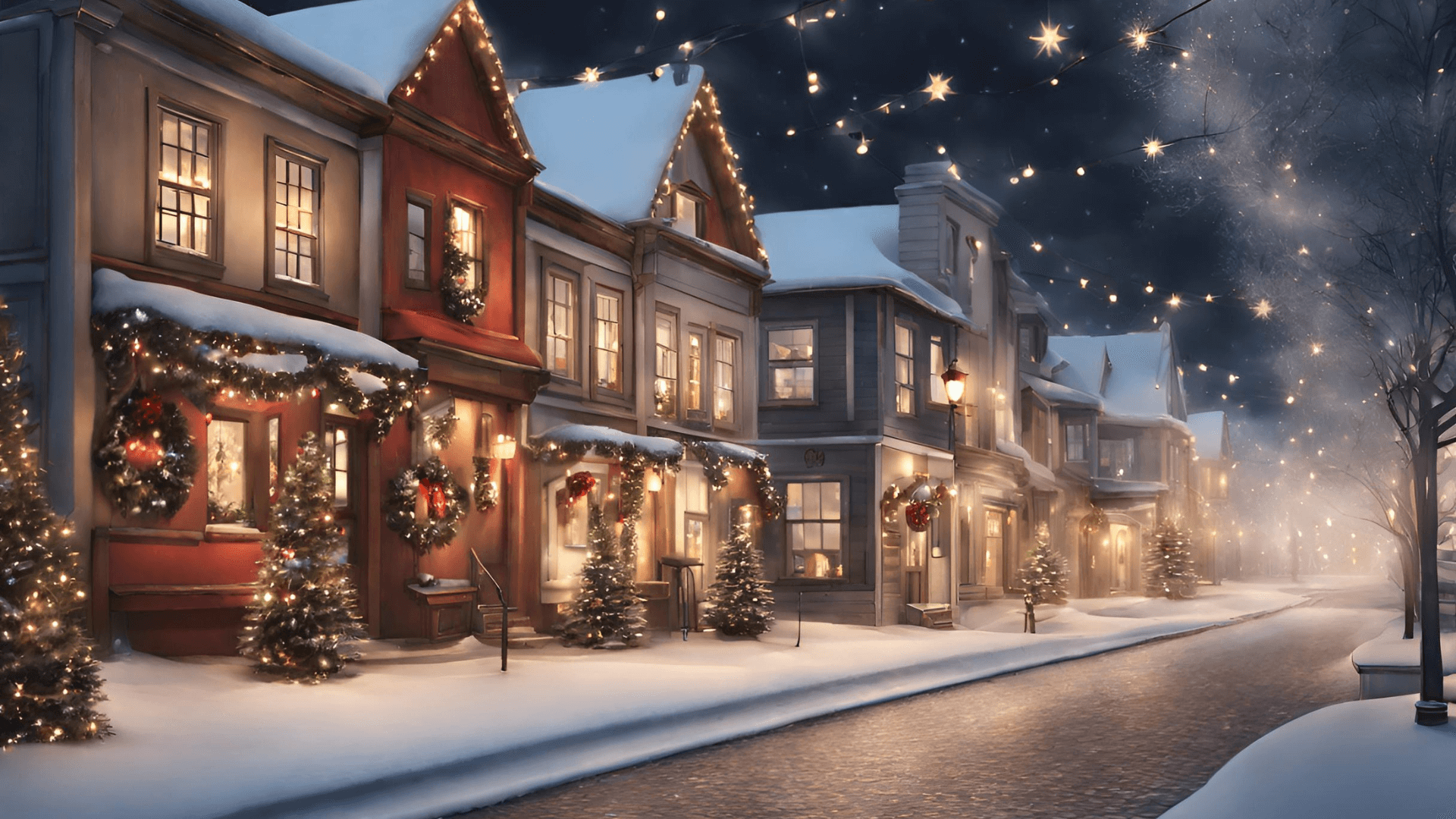 A snowy street at night with a Christmas town scene. - Winter