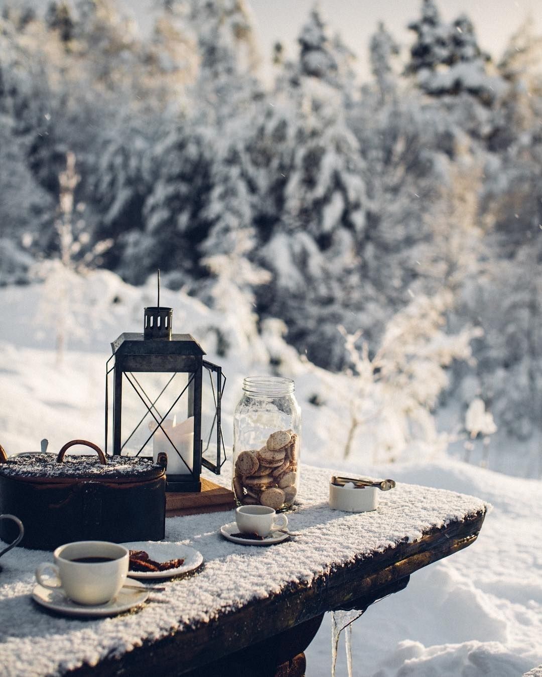 A snowy picnic table with a lantern, cookies, and a cup of tea. - Winter