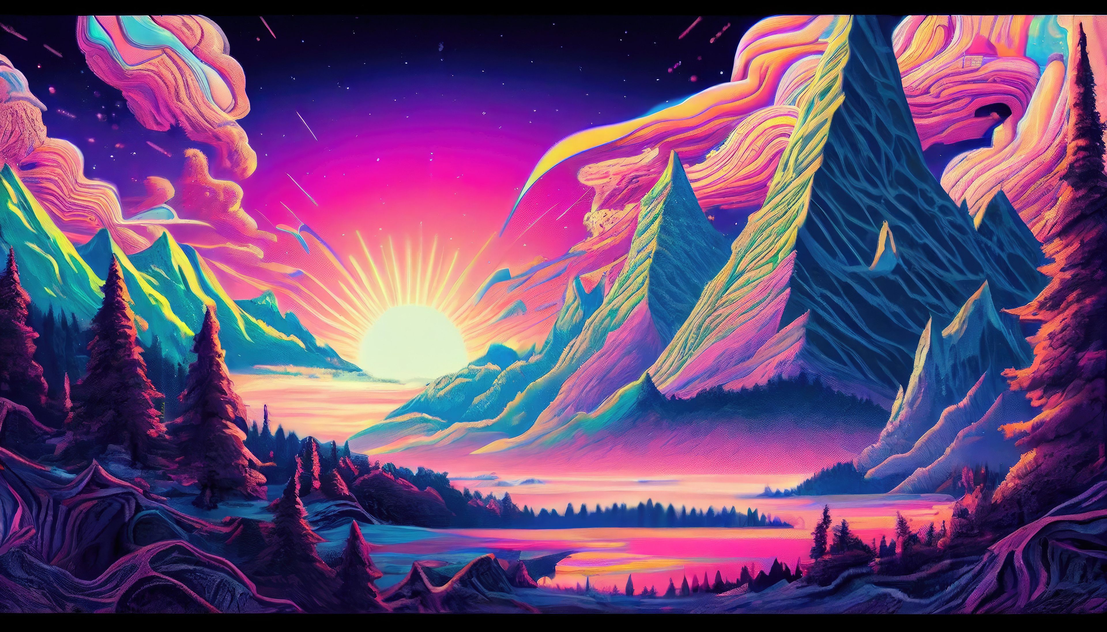 A colorful and artistic landscape of mountains and trees - Weirdcore