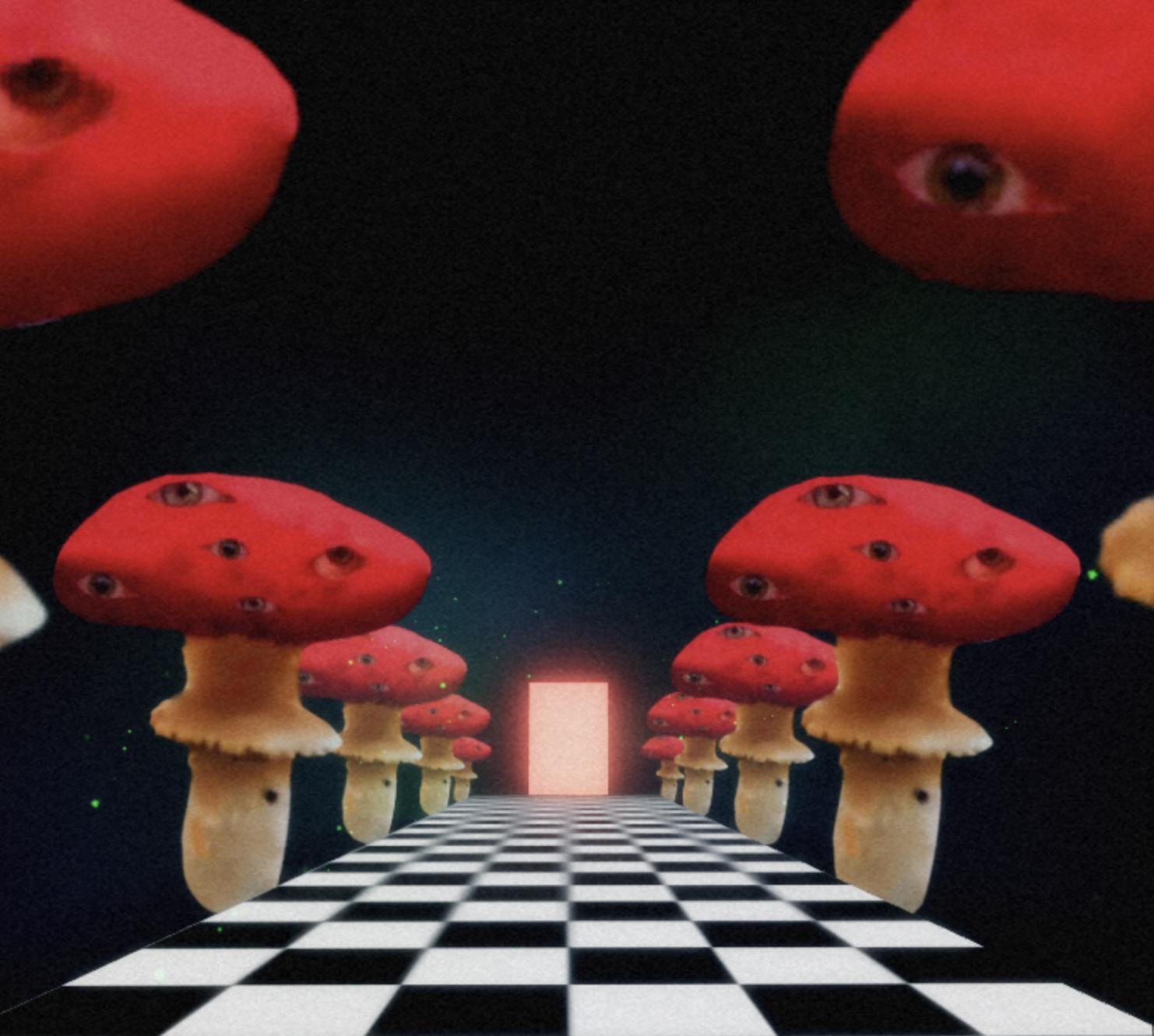 A photo of a black and white checkered floor with red mushrooms with eyes on them - Weirdcore